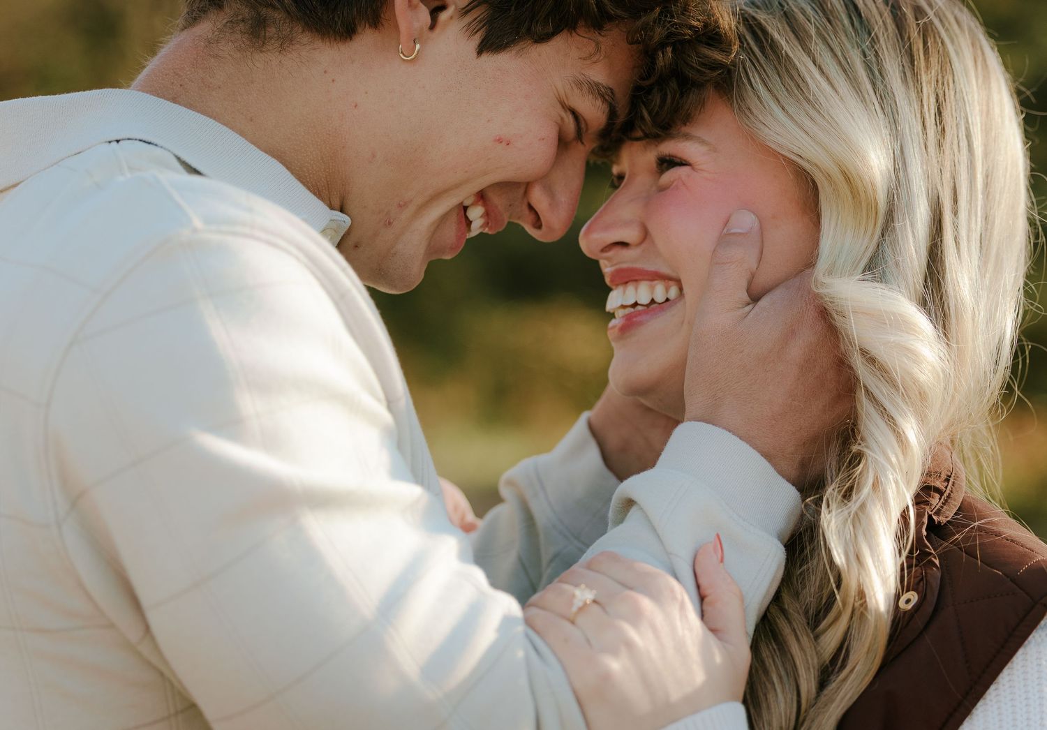 Intimate close-up shots of a couple sharing tender moments outdoors in warm lighting.