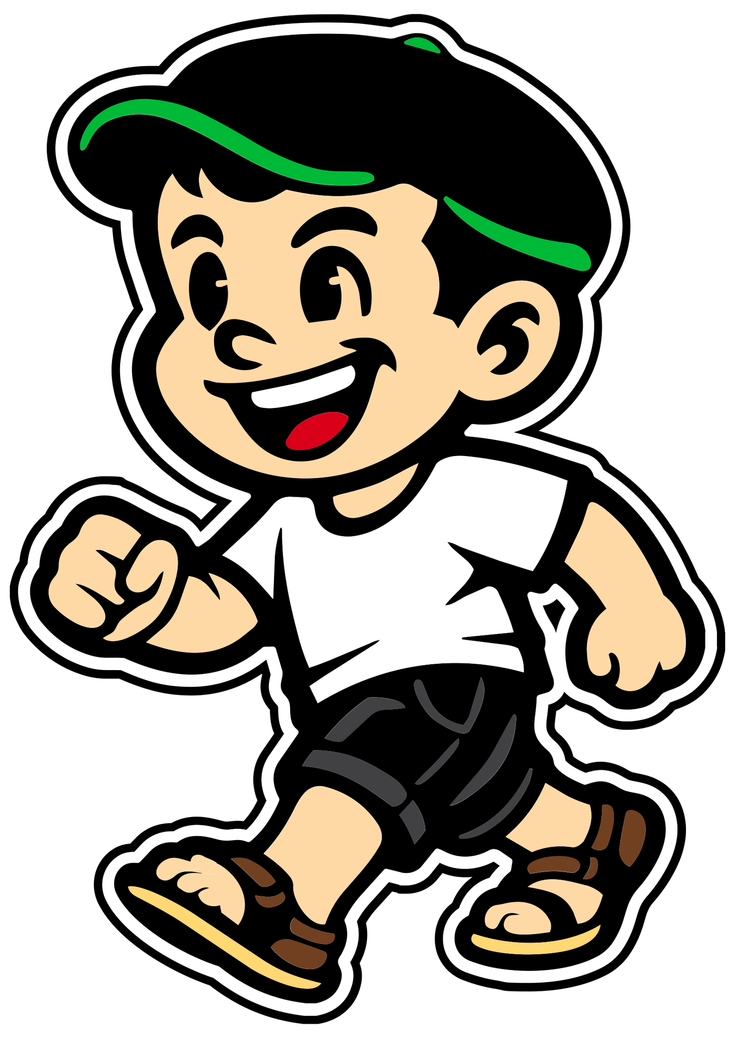 Cartoon mascot character with black hair and green highlights wearing white shirt, black shorts, and sneakers in dynamic pose.