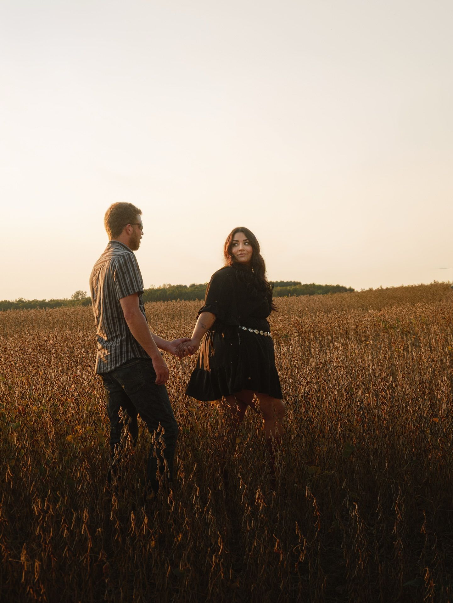 Couple walking through a golden wheat field at sunset.