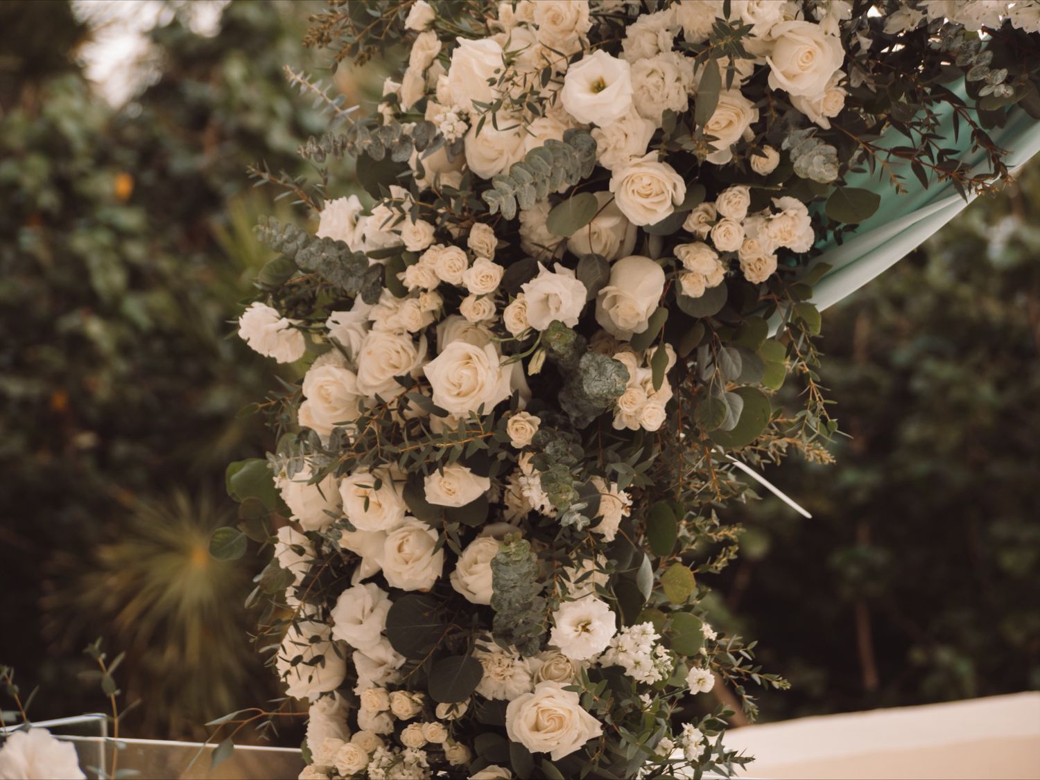 A beautiful wedding arch adorned with white roses and lush greenery.