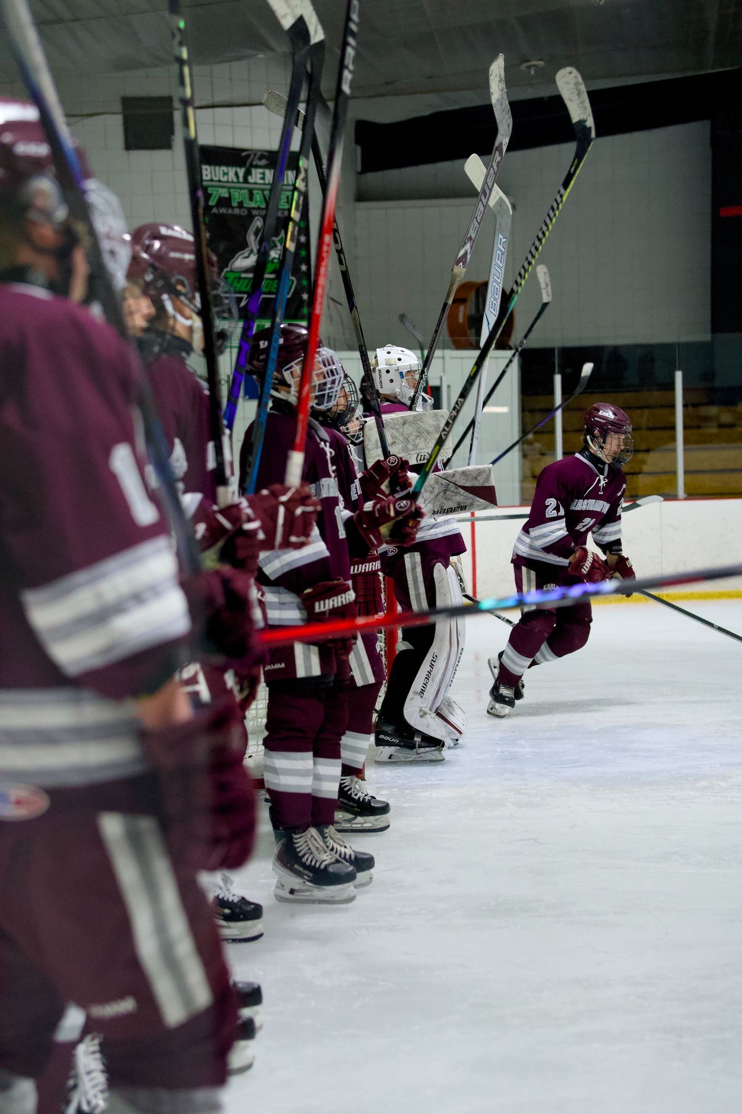 Easthampton hockey players line up on the ice prior to the game.