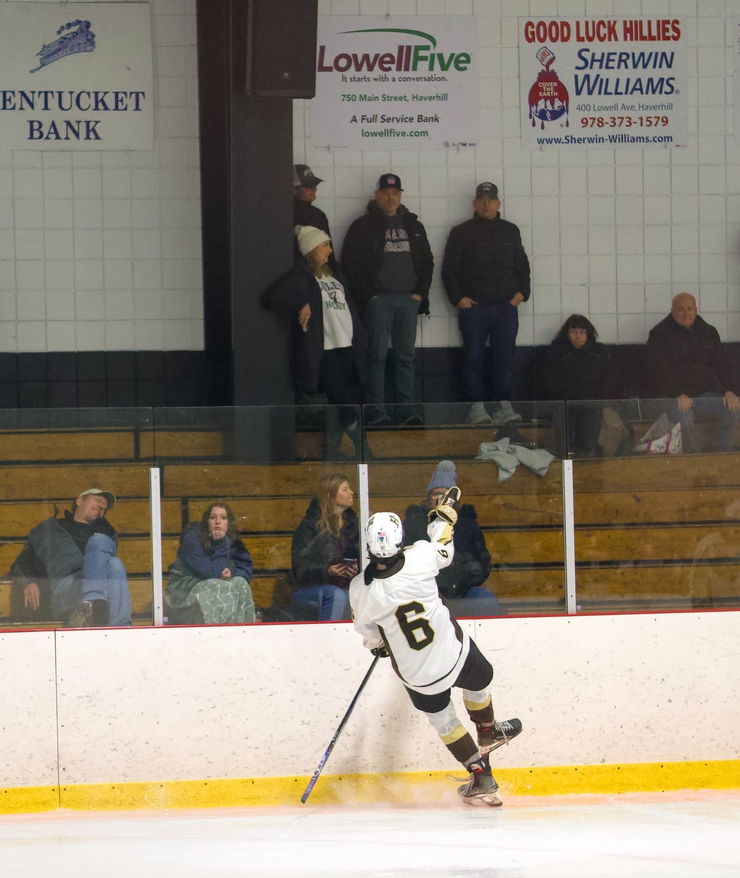 Haverhill hockey player taunts the opposing fans after a goal.