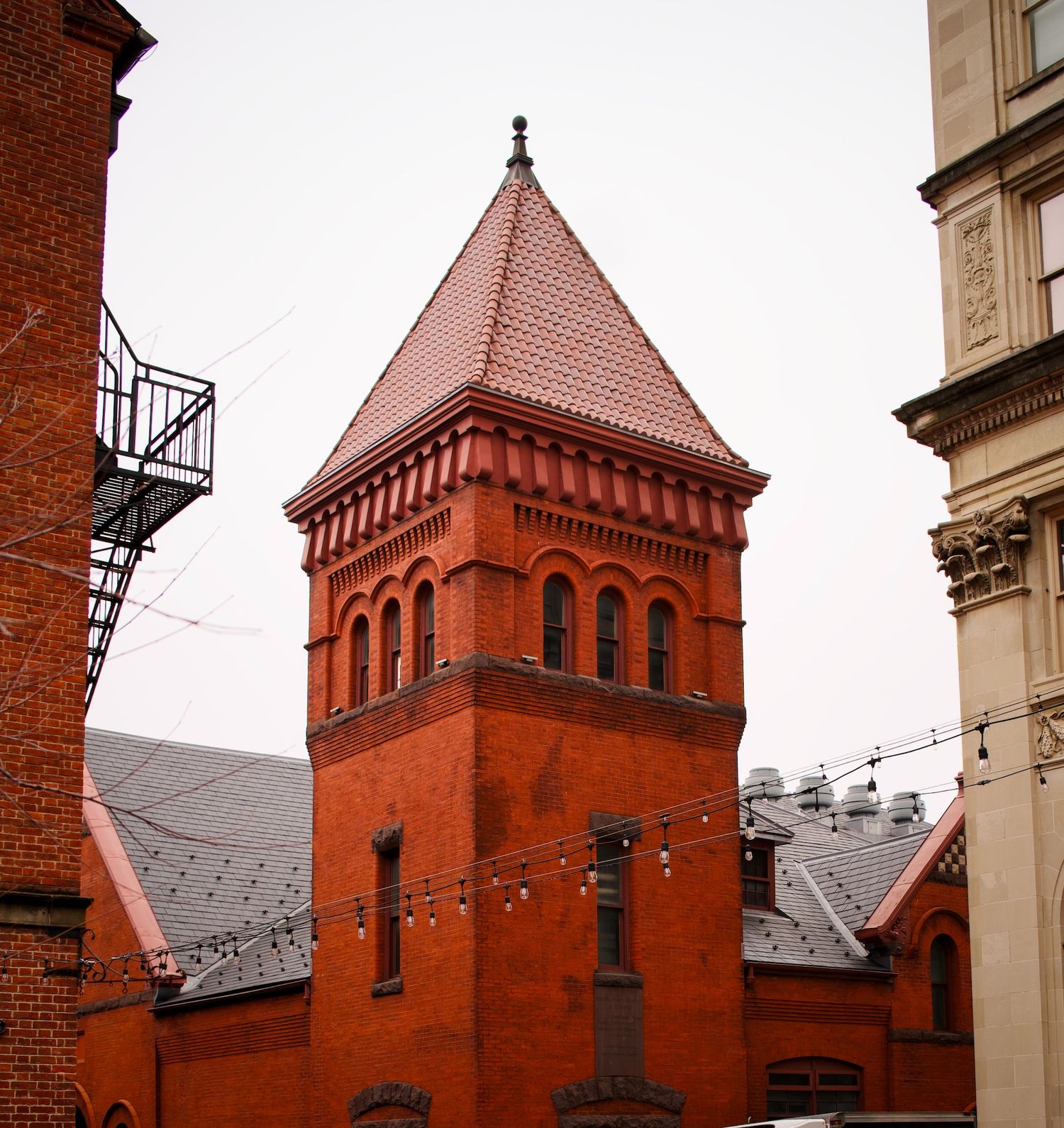 Exterior of red brick tower at Central Market in Lancaster, PA.