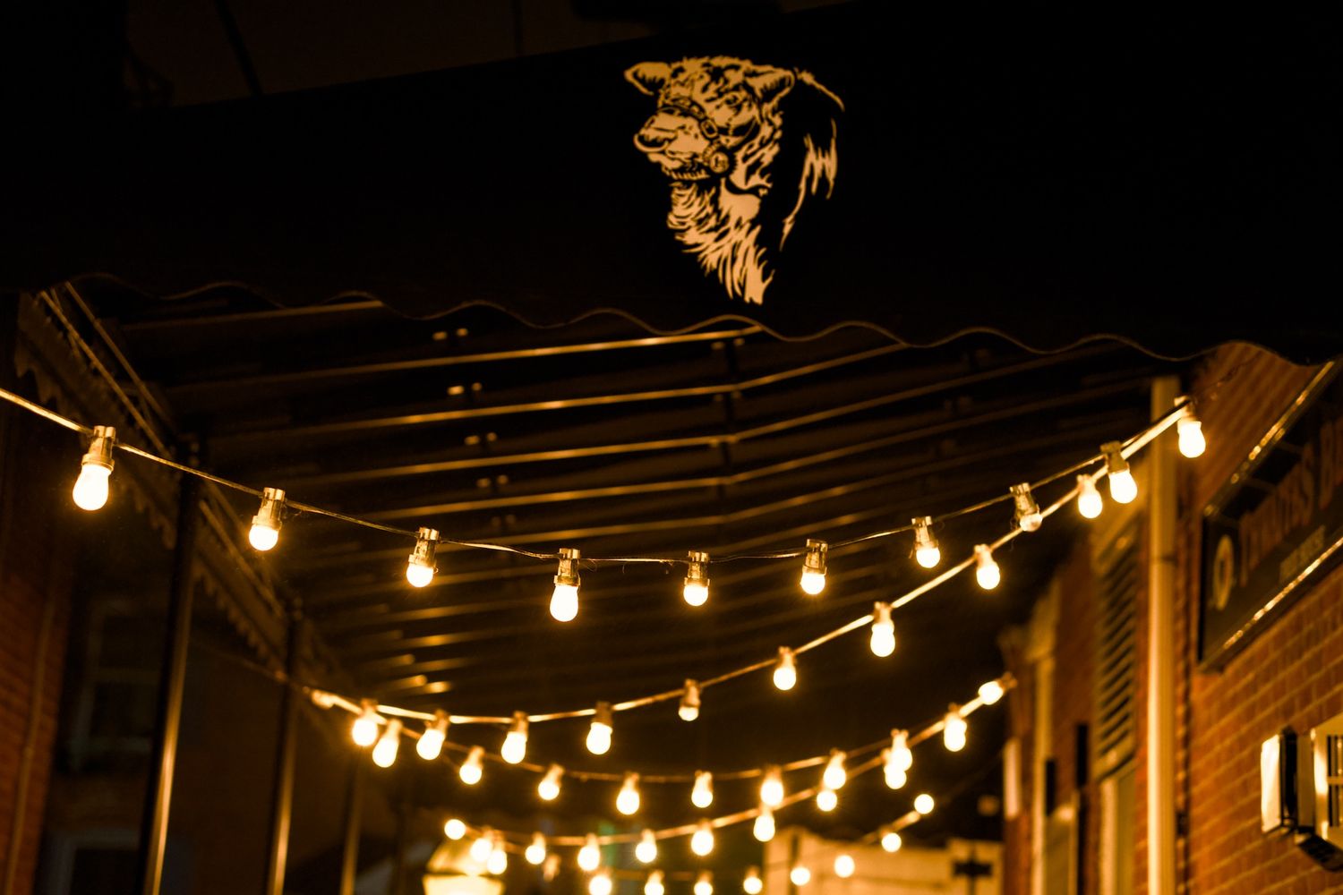 String lights hung outside pub in Lititz.