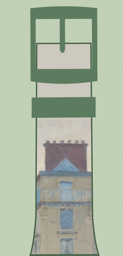 Concept image of a Swatch based on the painting Paris Street Rainy Day at Chicago Art Institute.