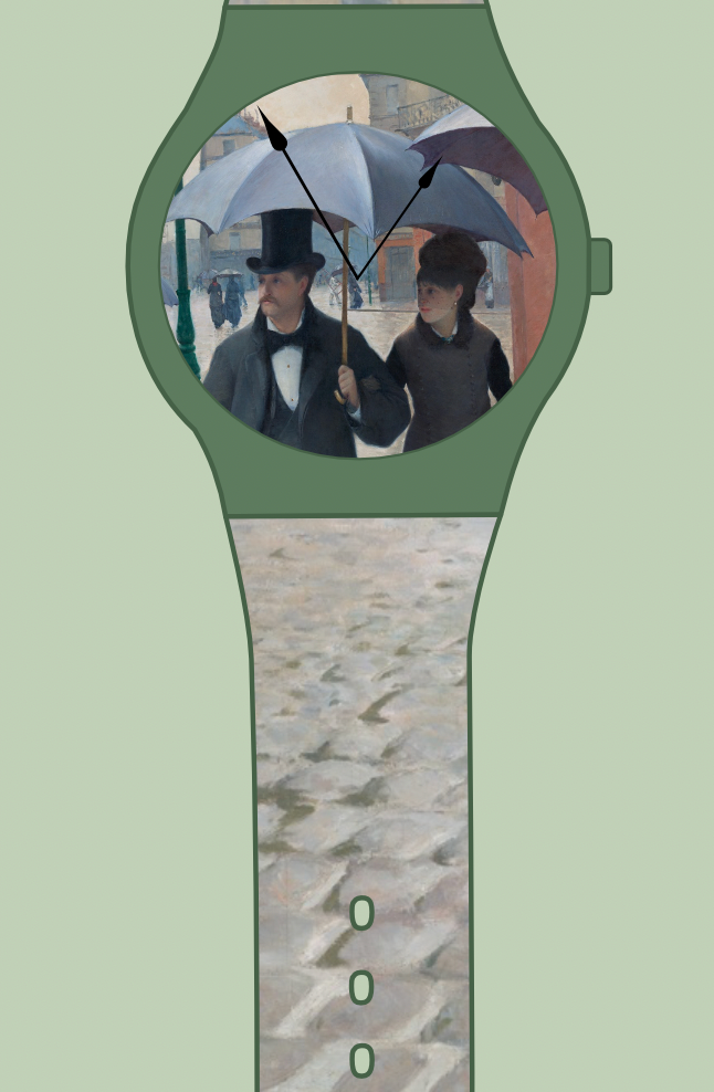 Concept image of a Swatch based on the painting Paris Street Rainy Day at Chicago Art Institute.