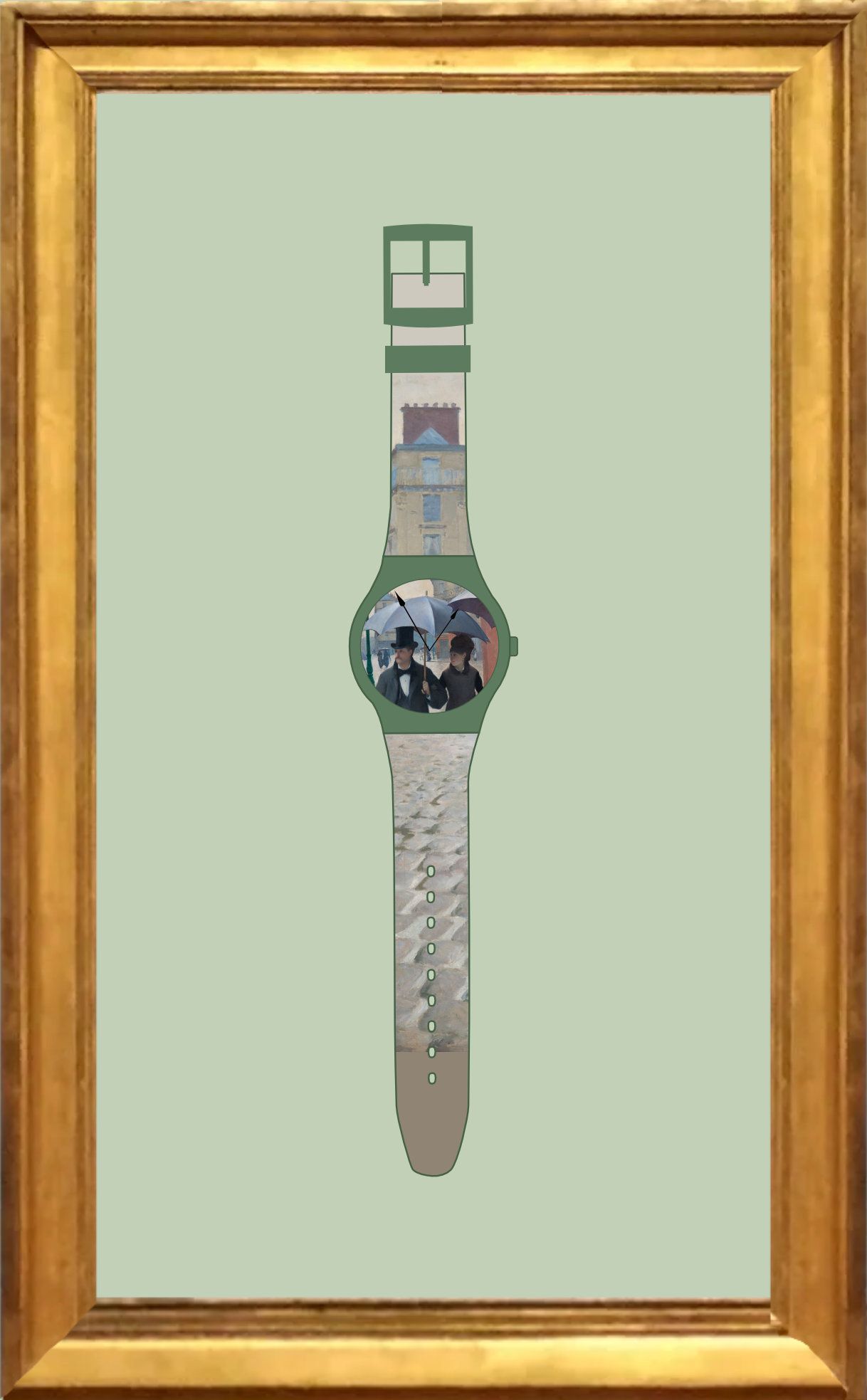 Concept image of a Swatch based on the painting Paris Street Rainy Day at Chicago Art Institute.