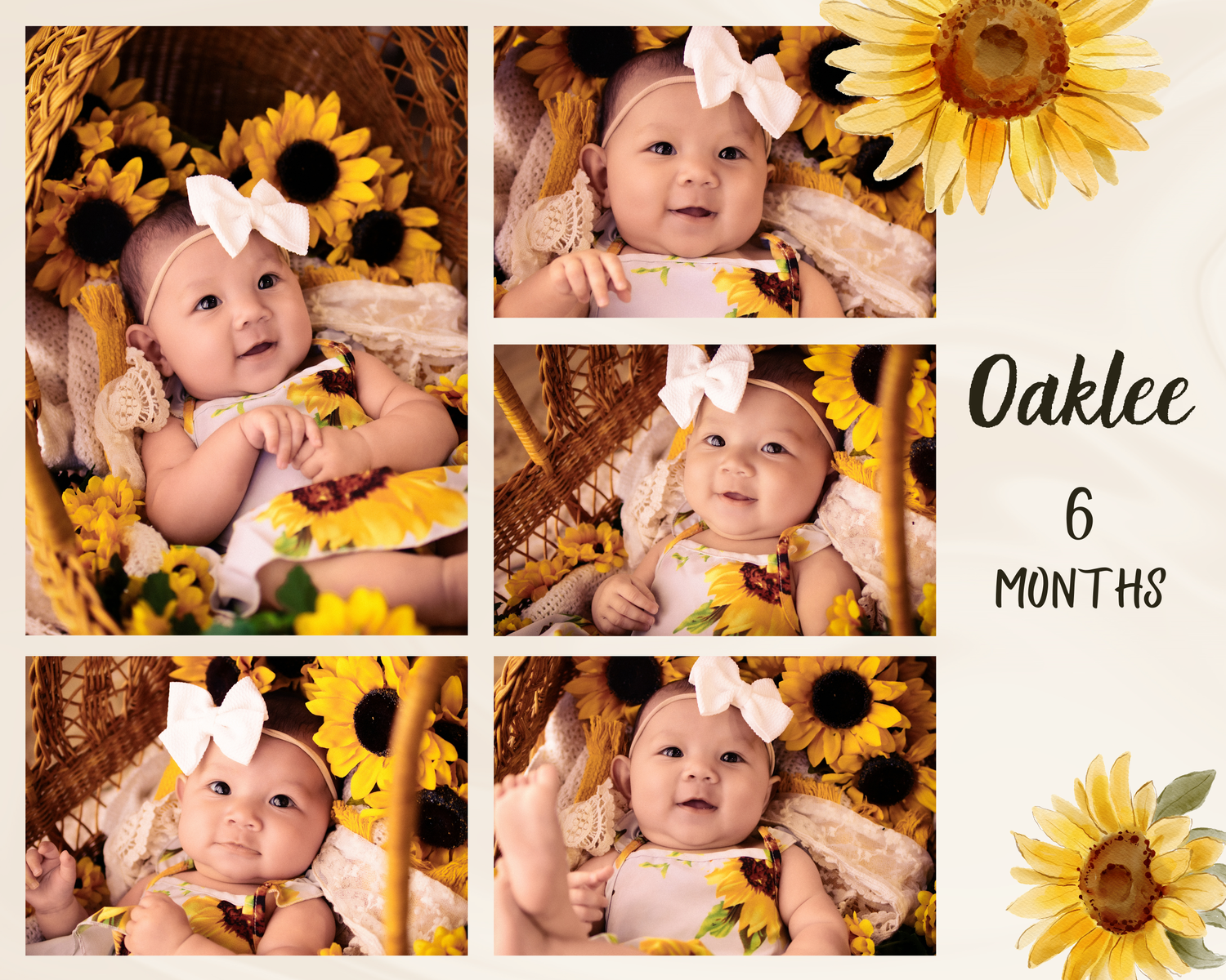 Baby Oaklee at 6 months old smiling in a sunflower-themed photo collage wearing a white bow headband.
