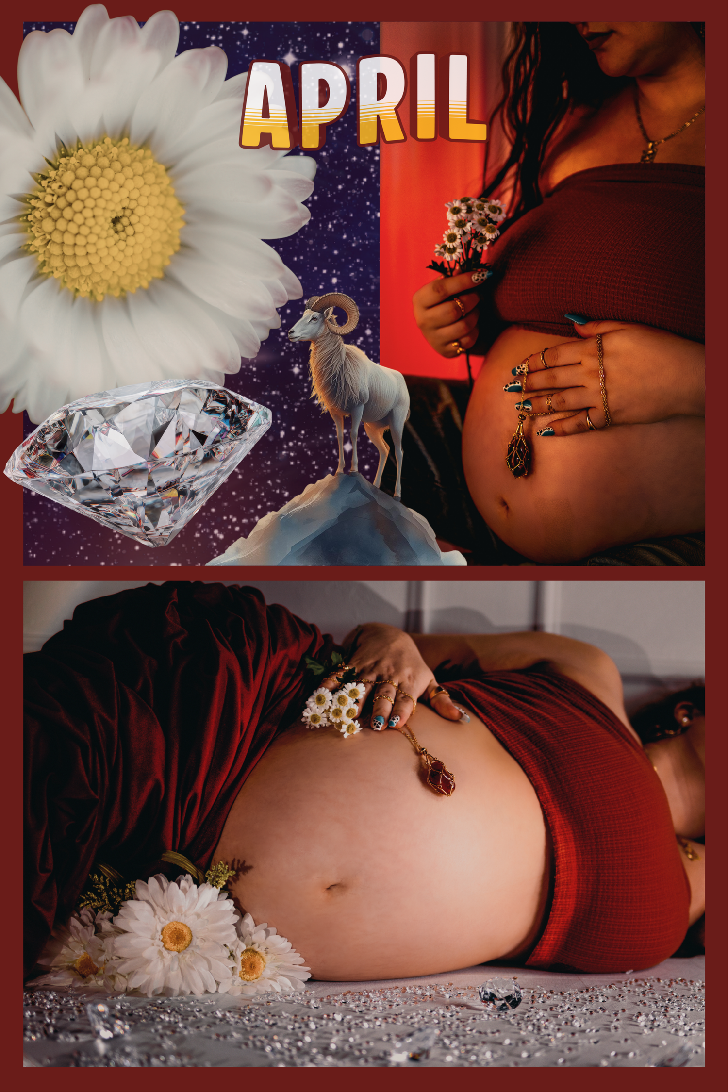April-themed maternity collage with daisy, diamond, ram, and pregnant woman in red dress holding flowers.