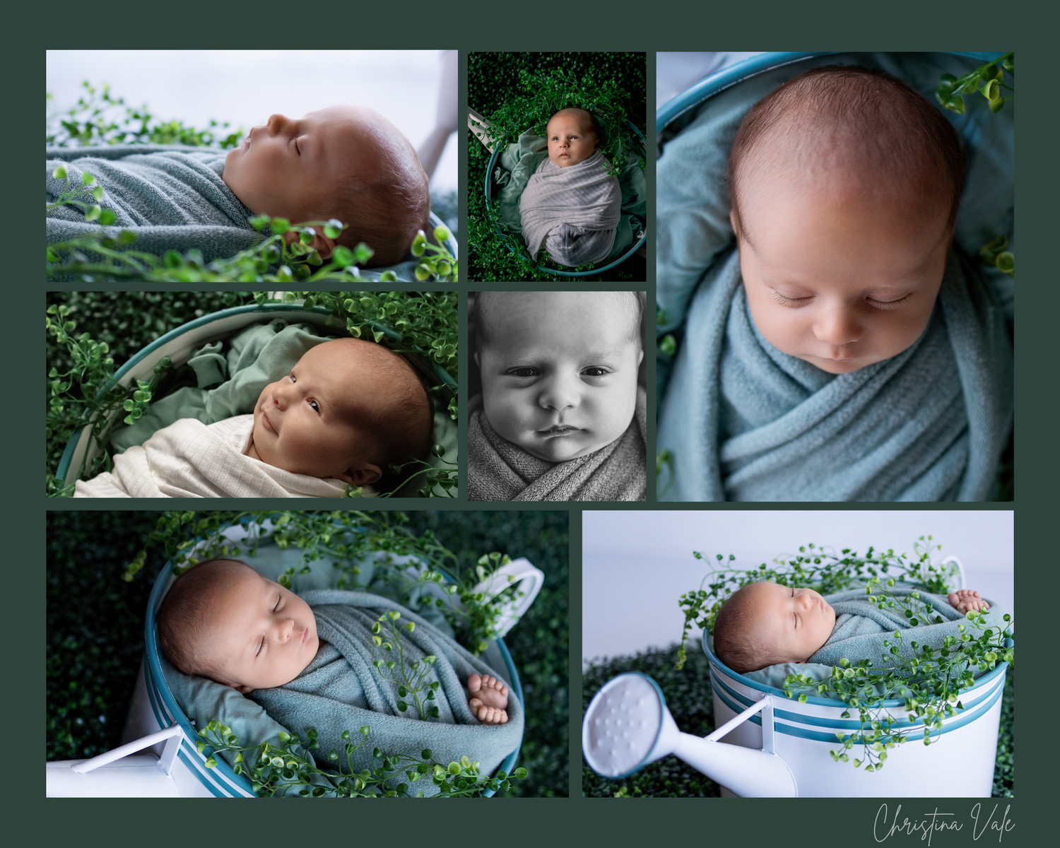 Newborn baby wrapped in teal fabric, sleeping peacefully in a garden-themed photo collage by Christina Vale Photography.