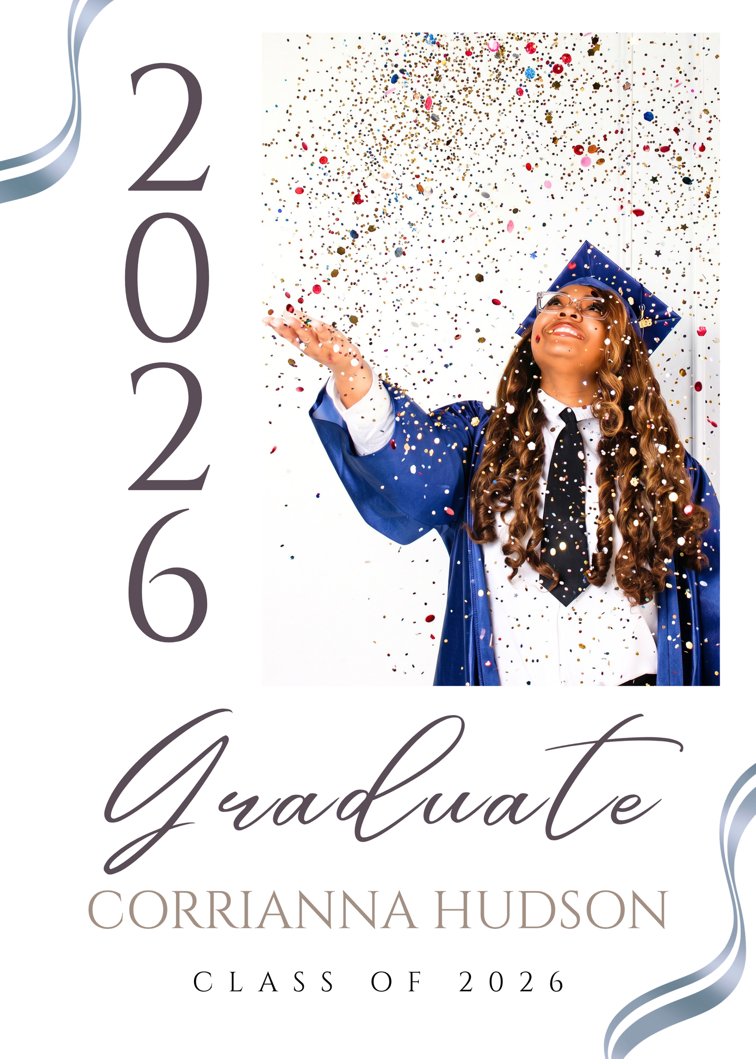 Corrianna Hudson Class of 2026 graduate in blue cap and gown tossing colorful confetti in the air.