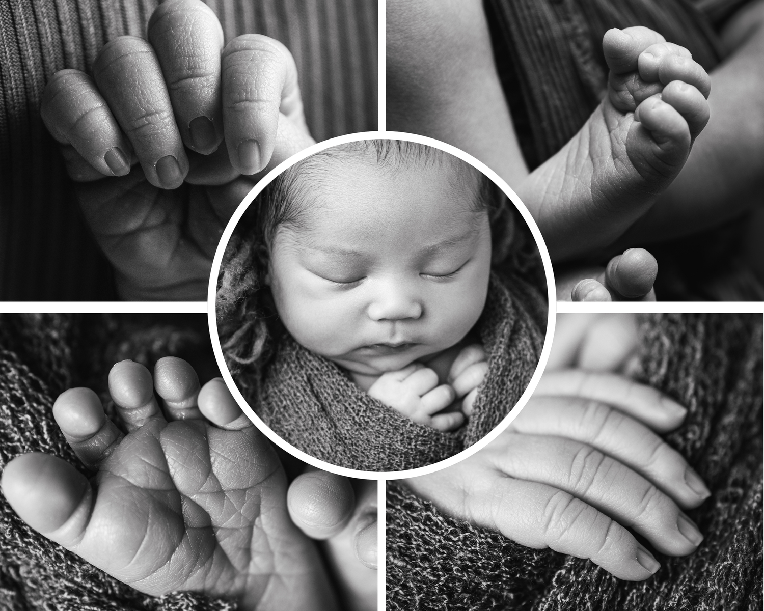 Black and white newborn photo collage featuring sleeping baby with close-ups of tiny hands and feet.