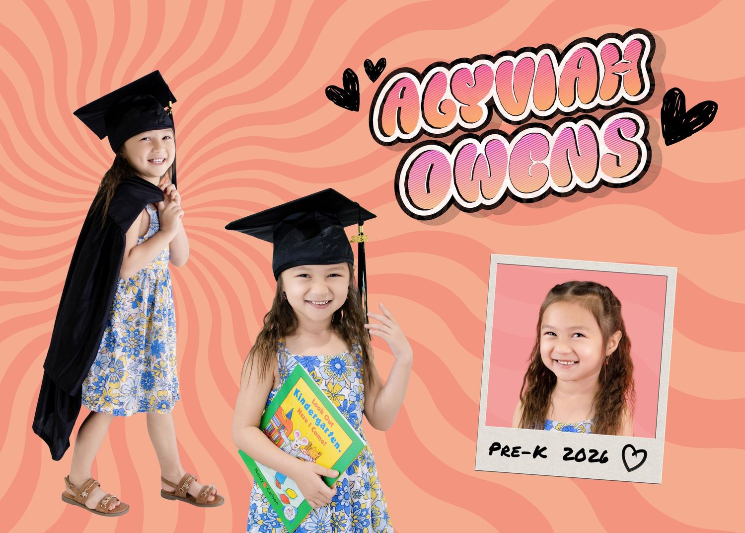 A young girl in a graduation cap and gown poses with a diploma, celebrating her Pre-K 2024 graduation milestone.