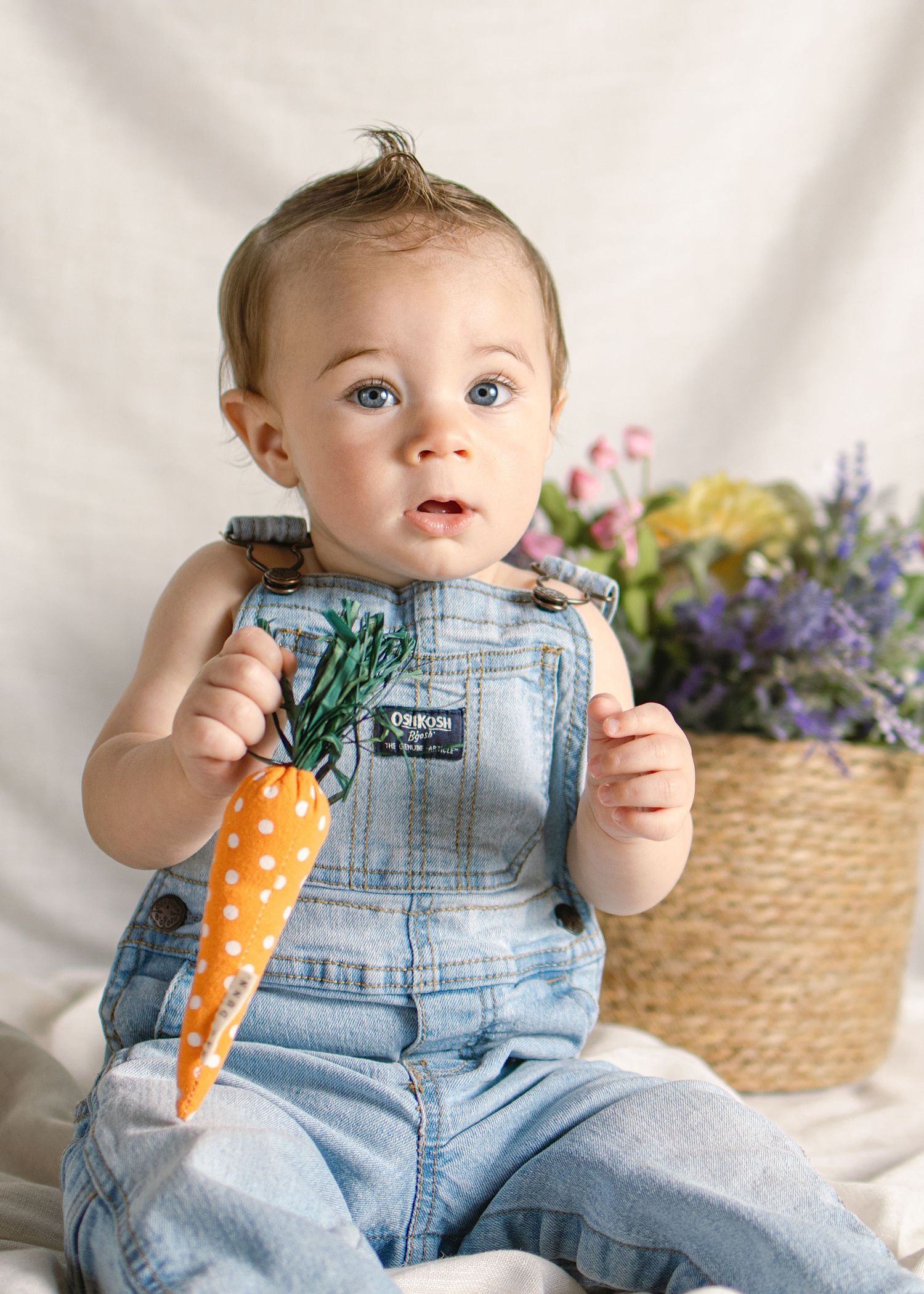 Cute baby boy in denim overalls holding an orange toy carrot with flowers in the background.