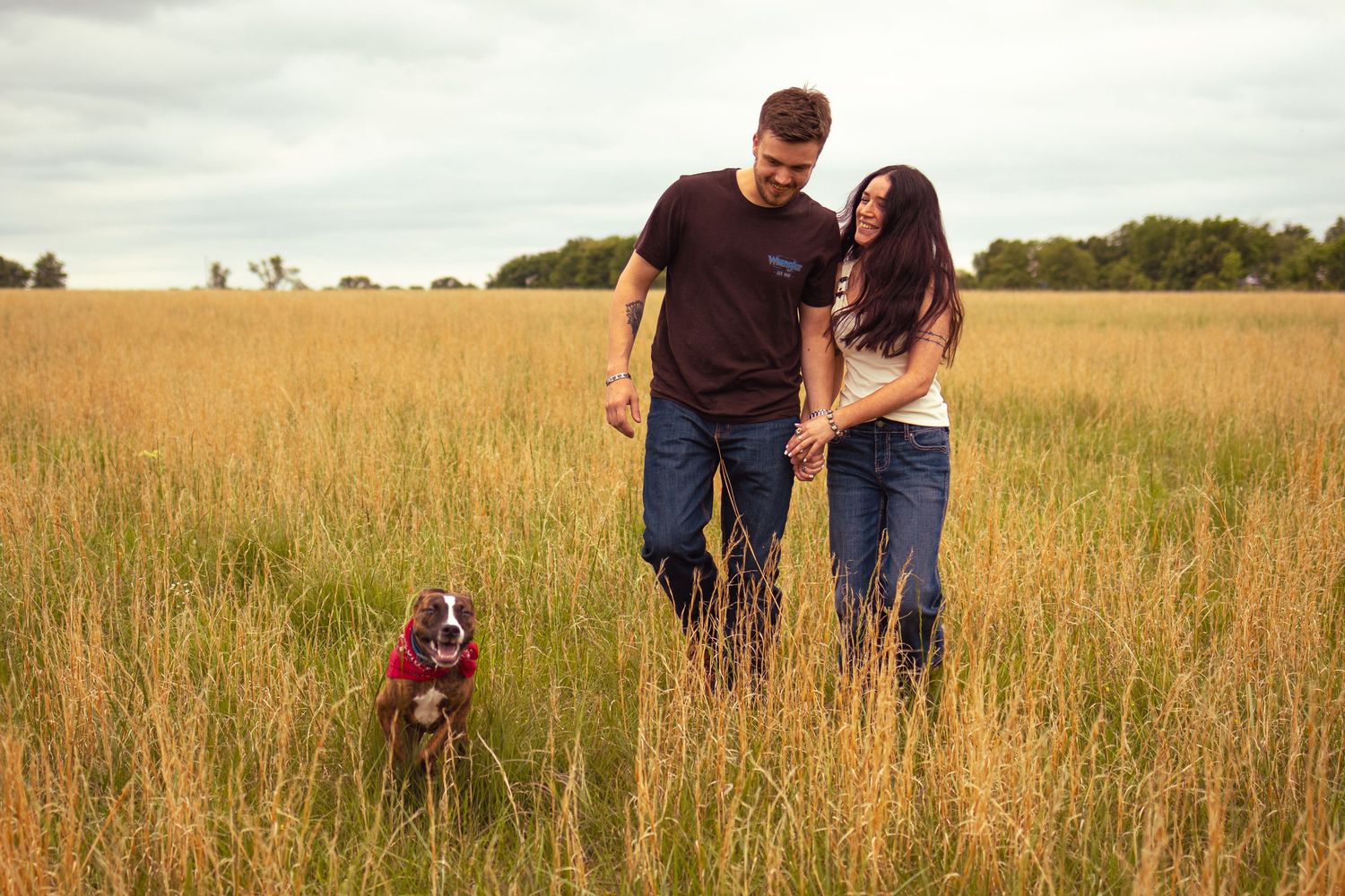 Couple holding hands in golden grass field with their brown and white dog wearing a red bandana on a cloudy day.