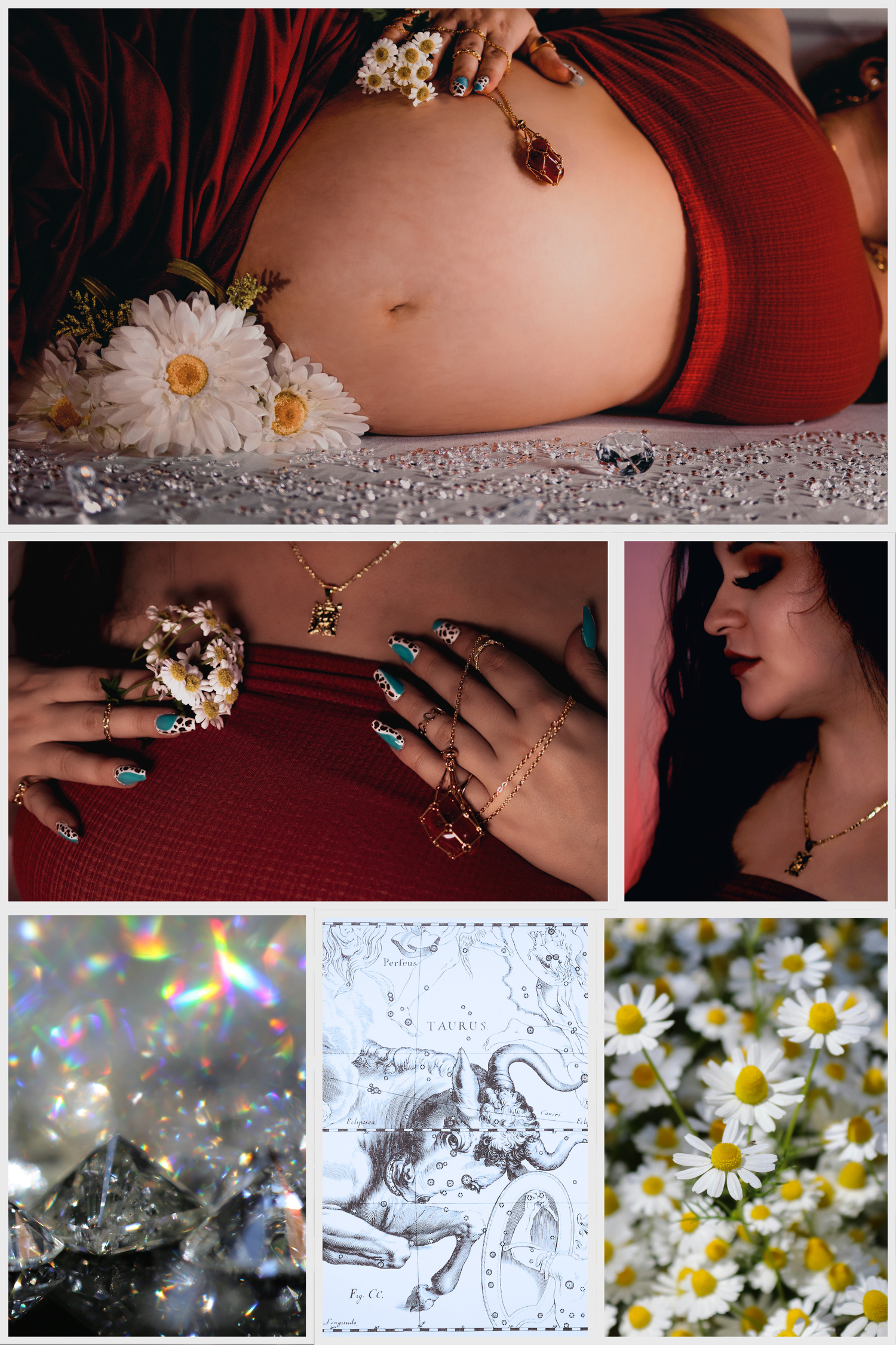 Pregnant woman in red dress with daisy flowers, bejeweled hands with teal nails, crystals, Taurus zodiac art, and chamomile flowers collage.