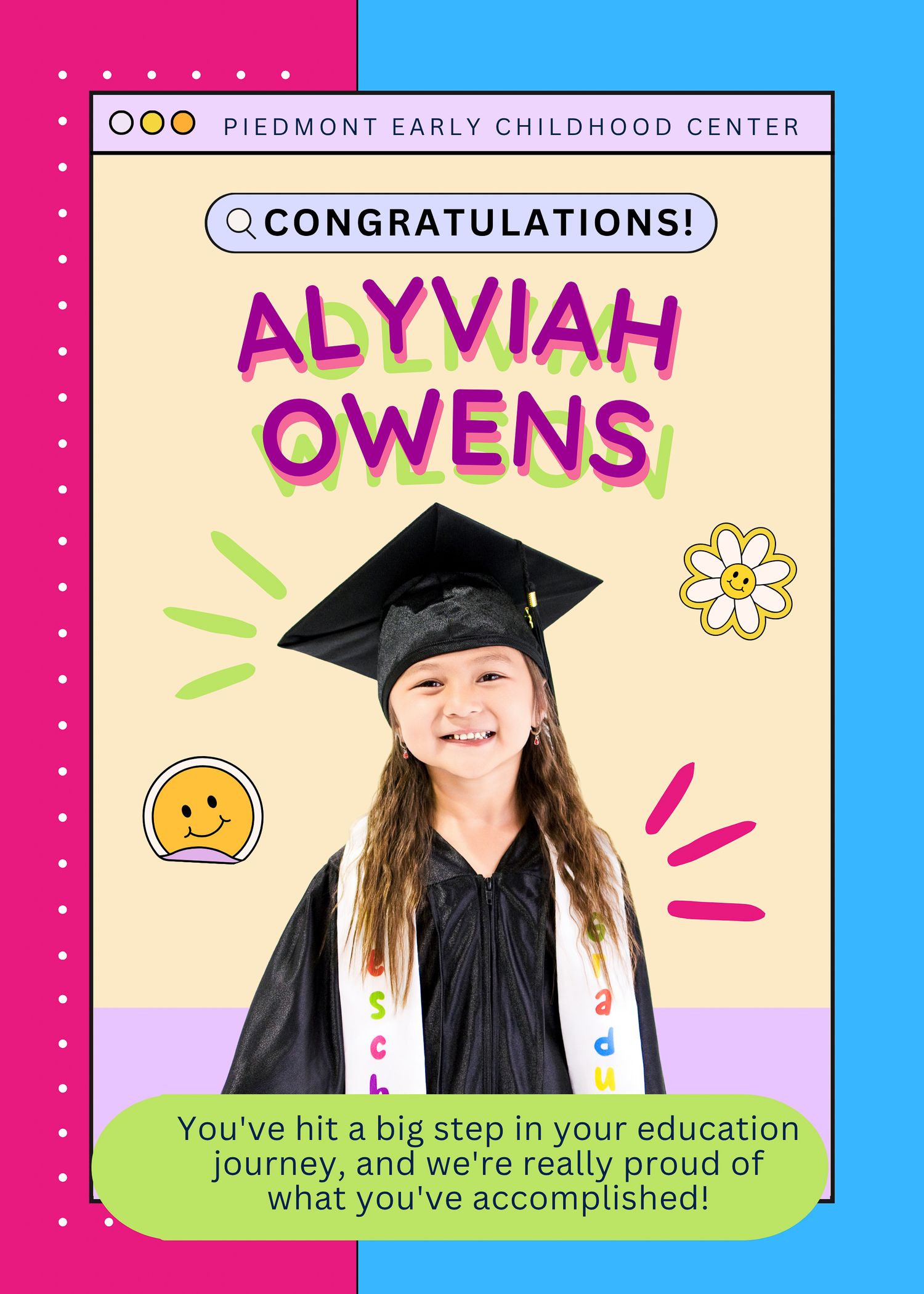 Graduation announcement for Alyviah Owens from Piedmont Early Childhood Center with photo in cap and gown.