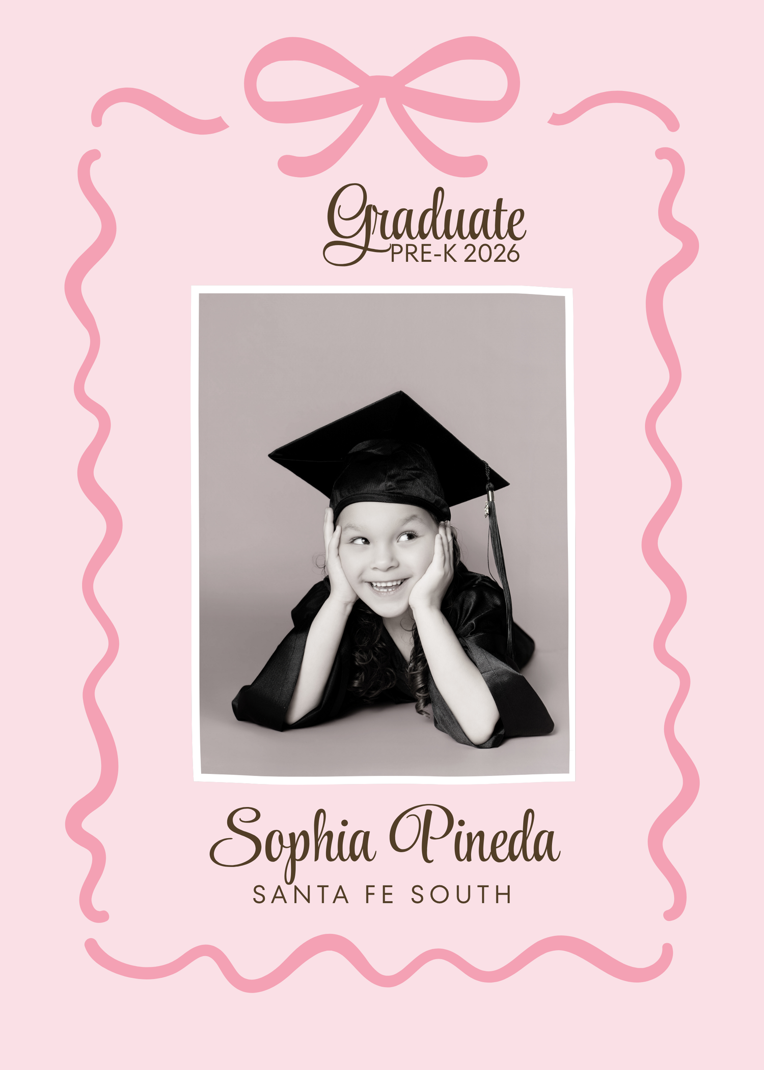 Sophia Pineda Pre-K 2026 graduate portrait card from Santa Fe South in pink.