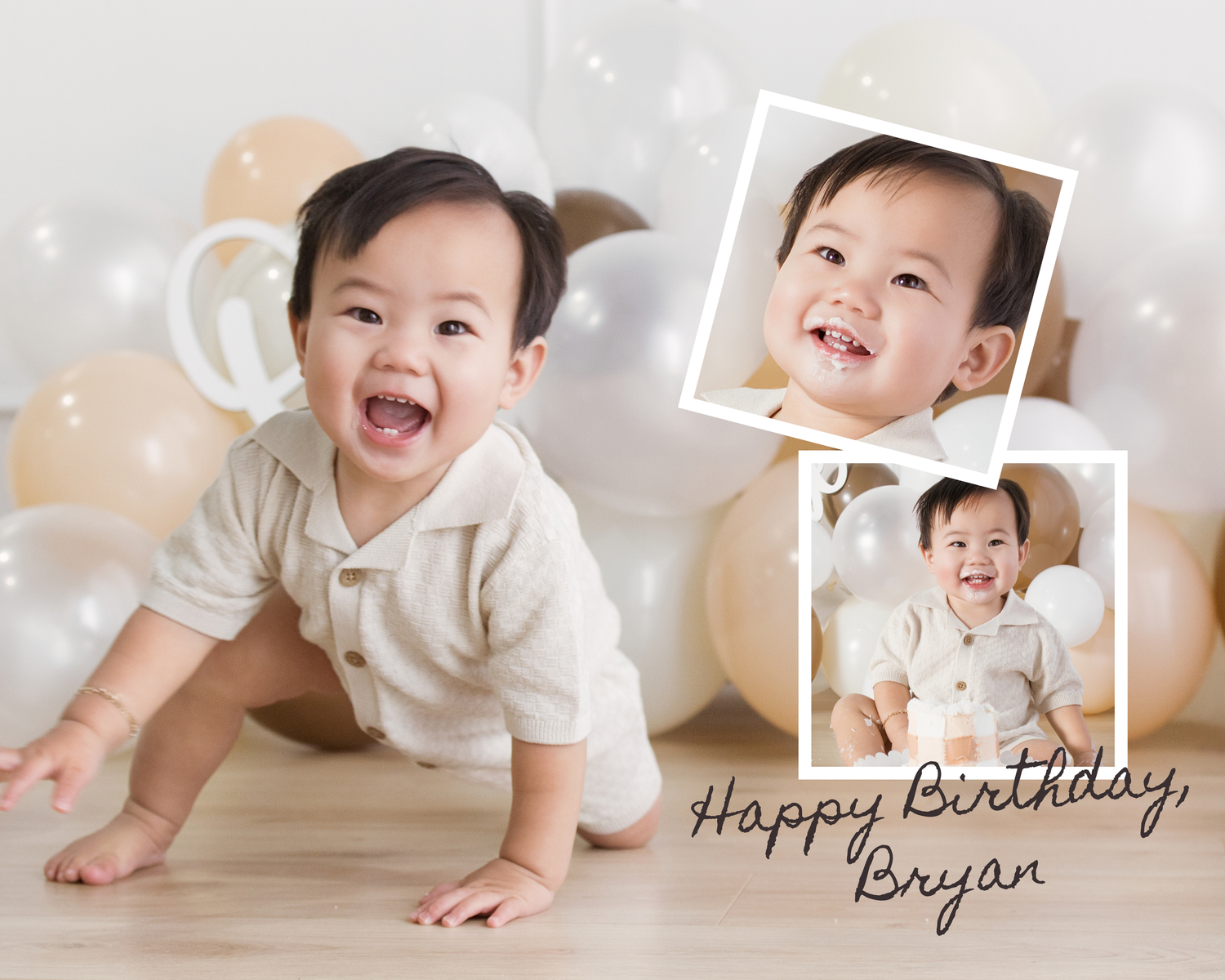A smiling baby boy in a white outfit crawls among balloons in a birthday photo collage reading Happy Birthday Bryan.
