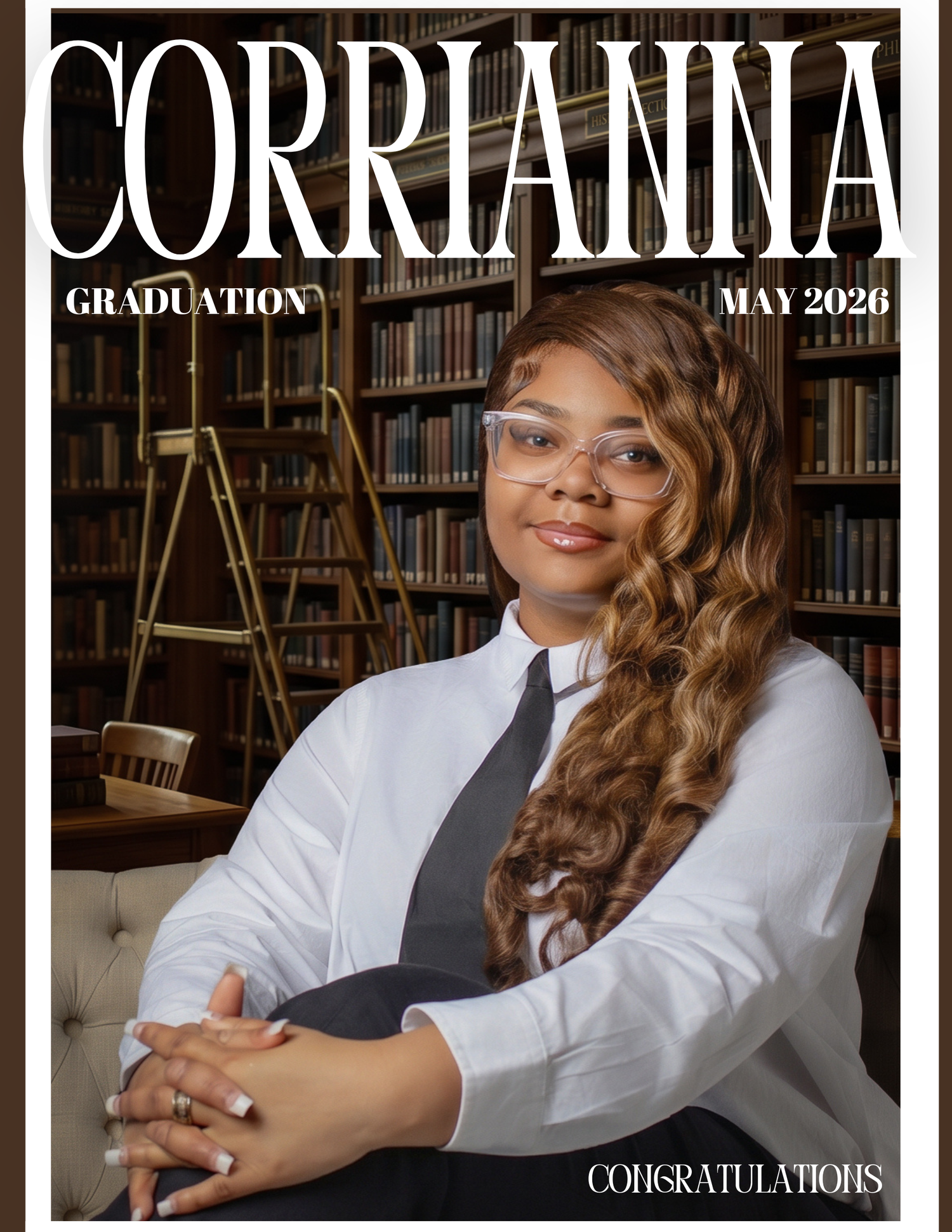 Corrianna graduation magazine cover May 2026 featuring woman in white shirt and tie in library setting.