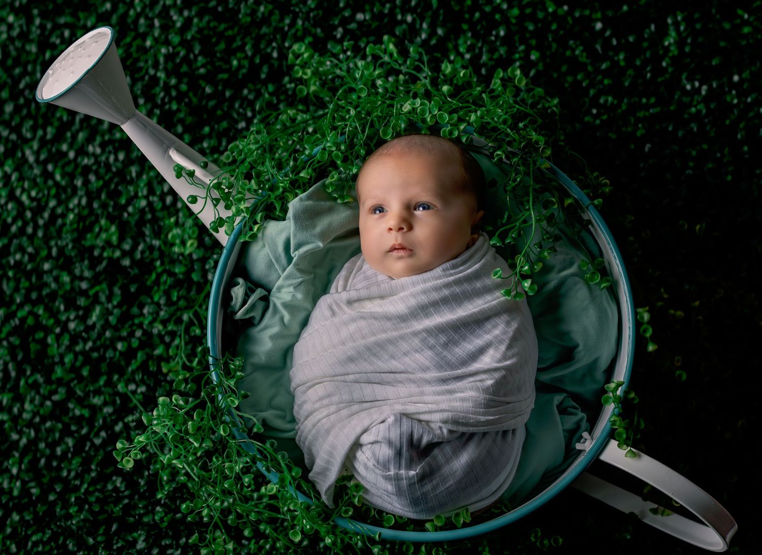 Newborn baby swaddled in gray wrap, nestled in a green bucket with a golf club, perfect for golf-themed nursery decor.