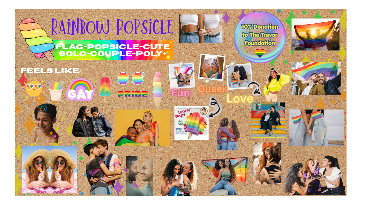 Rainbow popsicle pride flag collage with LGBTQ+ couples, stickers, and colorful gay pride themed graphics.