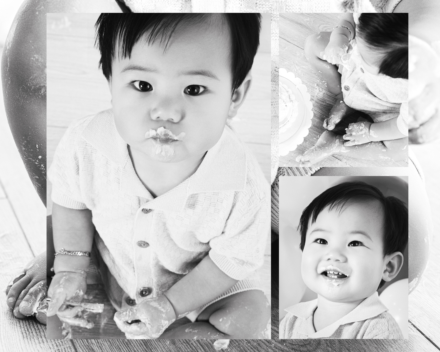 Black and white photo collage of an adorable baby smiling and playing, covered in food during first birthday cake smash.