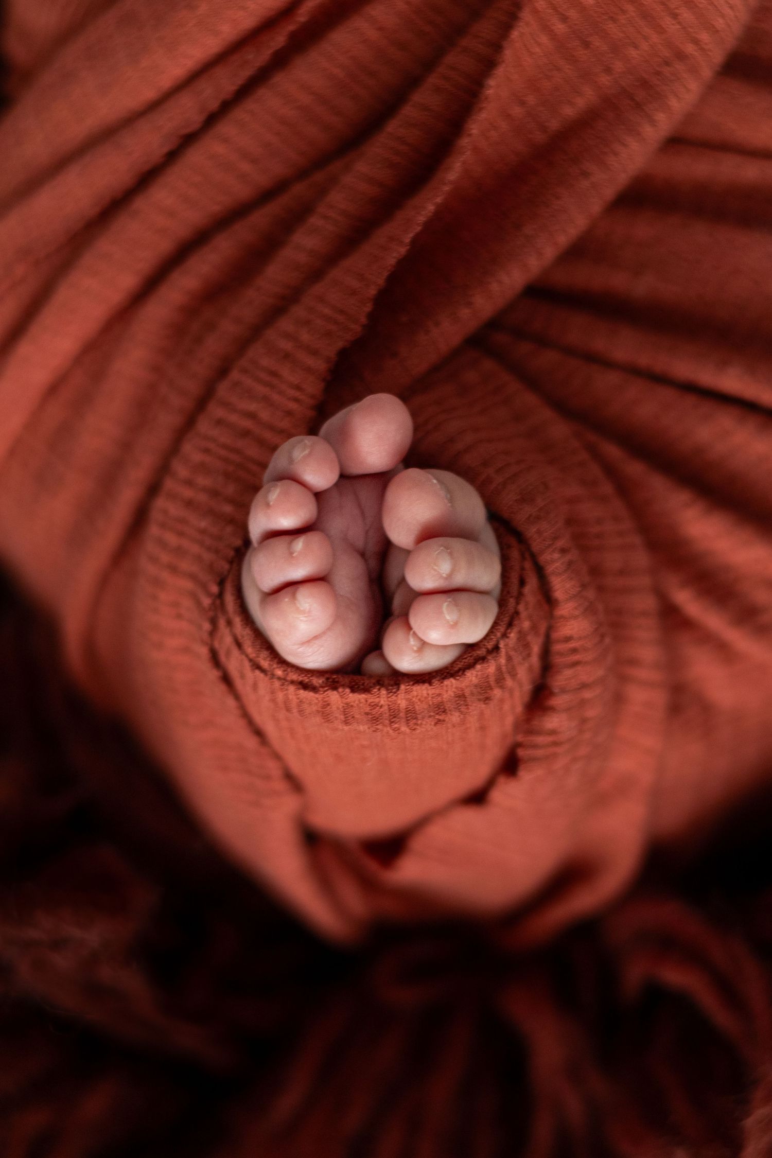 Close-up of tiny newborn baby toes peeking through a soft, rust-colored knit wrap blanket.