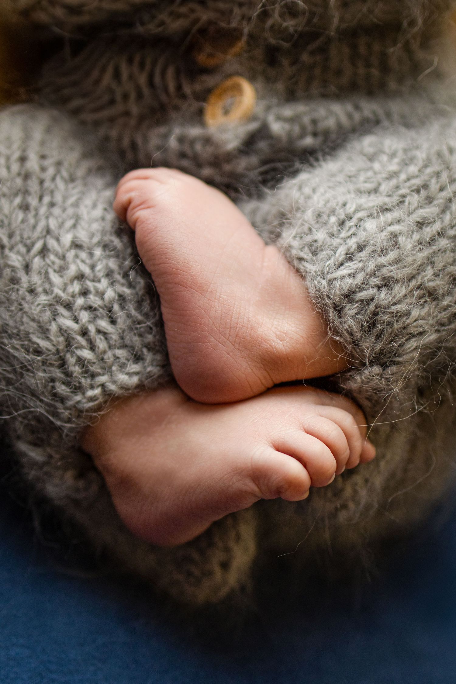 Close-up of tiny newborn baby feet peeking out from a soft gray knitted blanket on a blue surface.