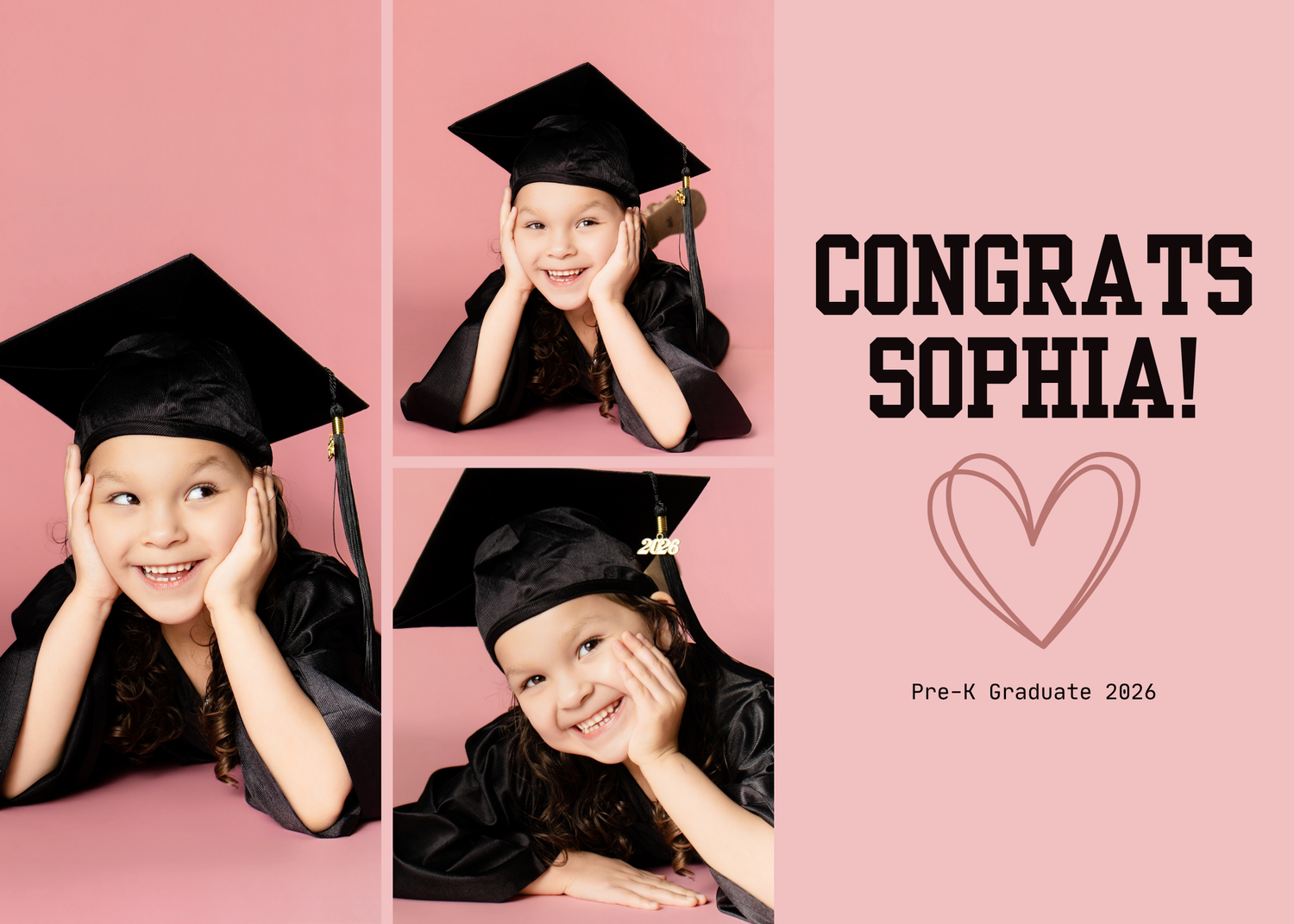 Congrats Sophia Pre-K Graduate 2026 collage of smiling girl in black graduation cap and gown on pink background.