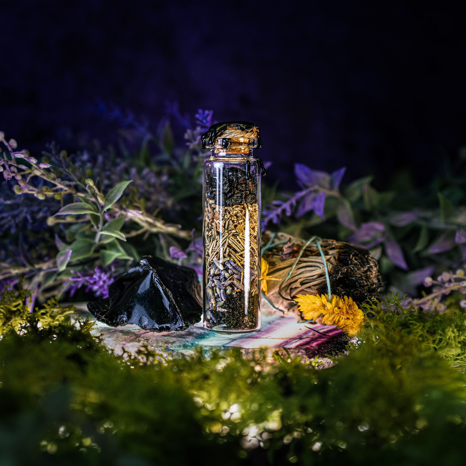 Glowing glass jar with fairy lights and purple flowers creates a magical woodland scene at night.