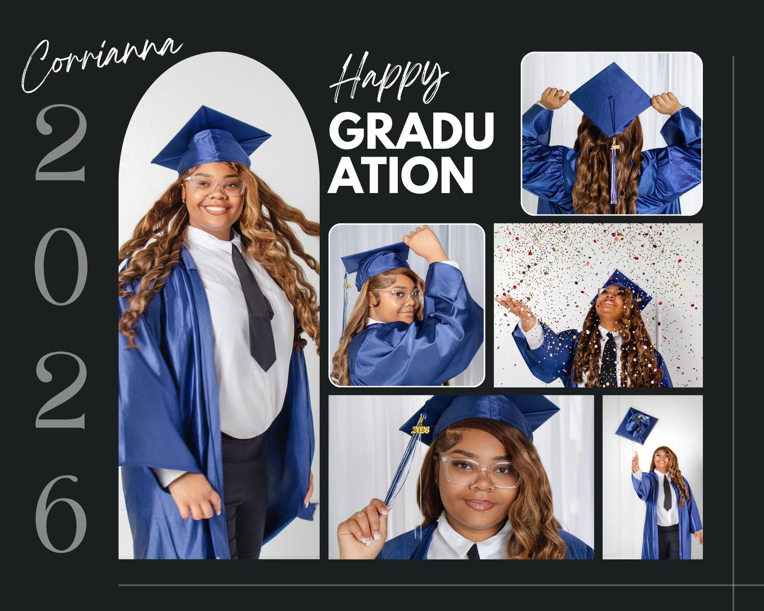 A 2026 graduation photo collage featuring a young woman in a blue cap and gown celebrating her achievement.
