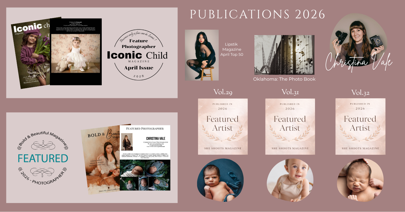 Promotional collage for Publications 2026 featuring featured artist awards, Iconic Child magazine, and newborn photography portfolio images.