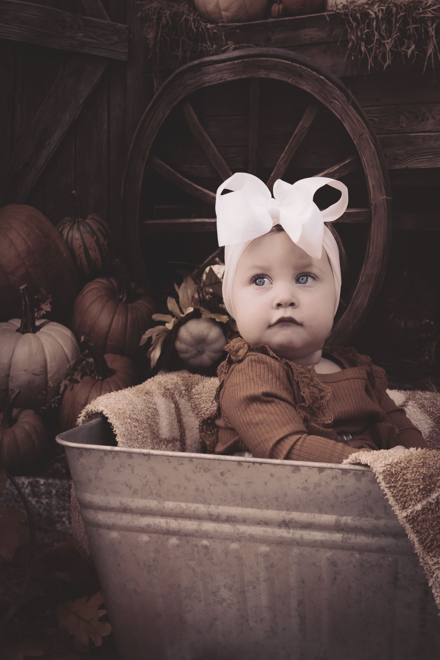 Adorable baby girl in white bow headband sitting in vintage metal tub surrounded by pumpkins and rustic fall decor.