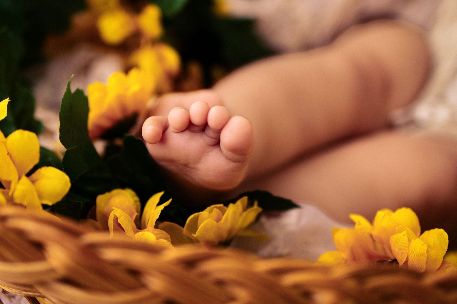 Close-up of tiny baby feet resting in a wicker basket surrounded by bright yellow flowers.