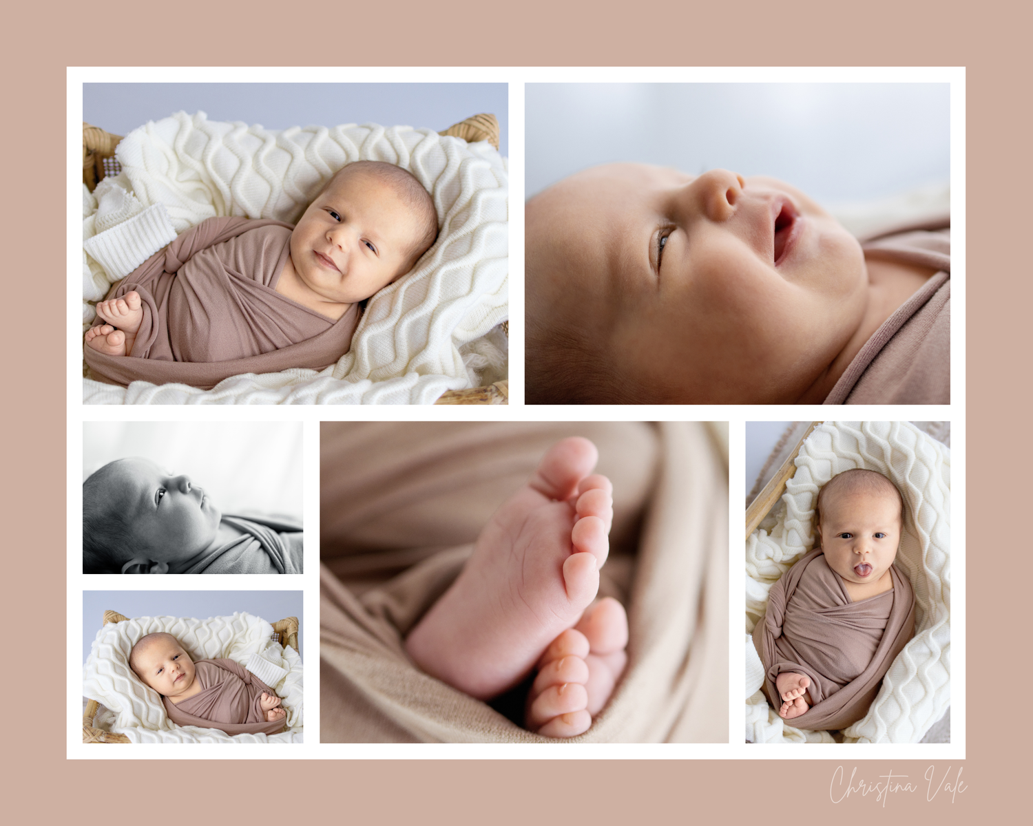 Newborn baby photo collage featuring a swaddled infant in mauve wrap, close-up of tiny feet, and peaceful sleeping poses.