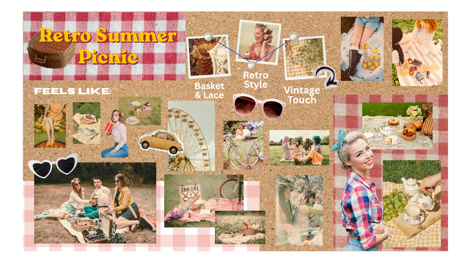 Retro summer picnic collage featuring vintage-style photos of women, baskets, lace, and outdoor scenes on a checkered background.