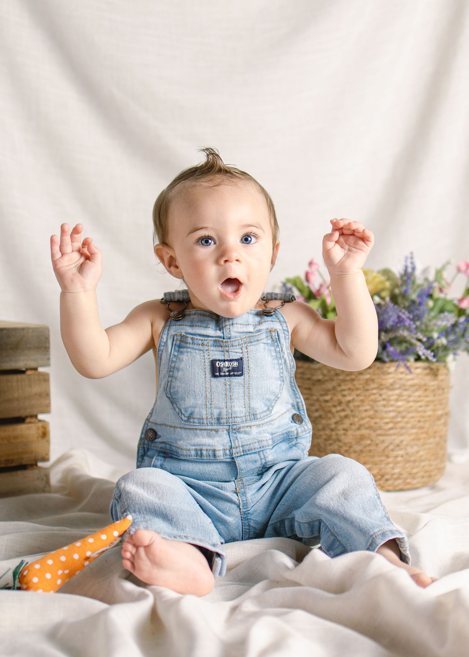 Adorable baby in denim OshKosh overalls sits with arms raised, mouth open in surprise, against white backdrop.