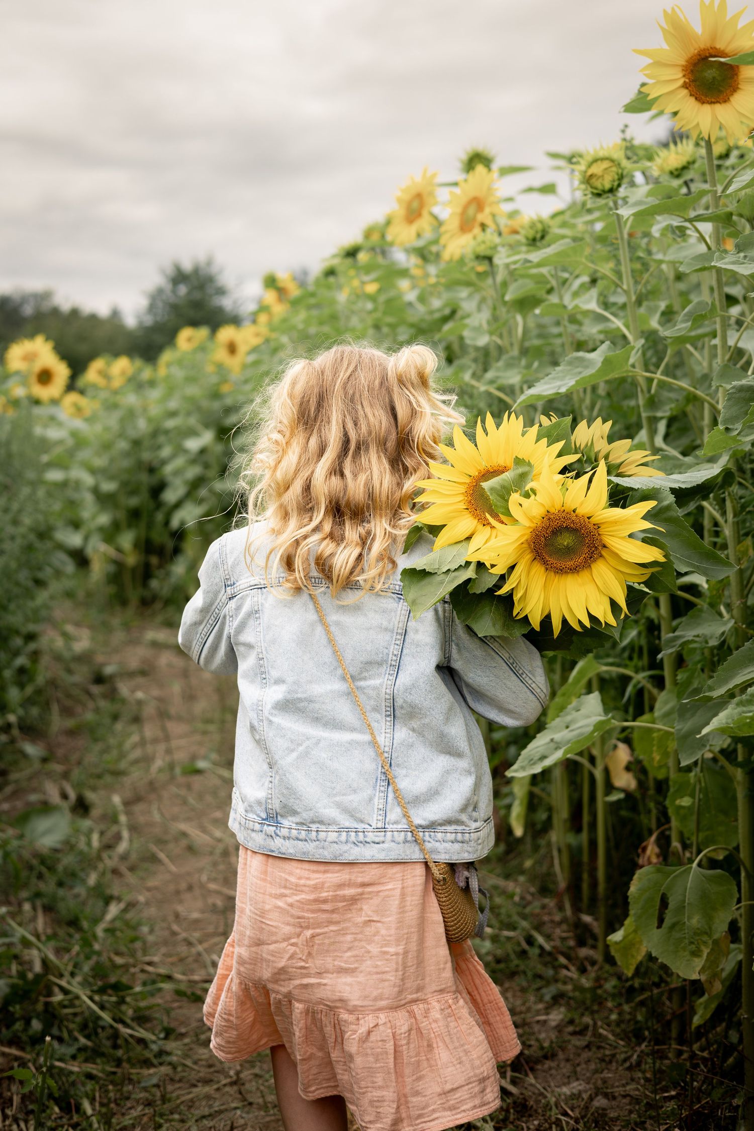 girl walking away holding sunflowers