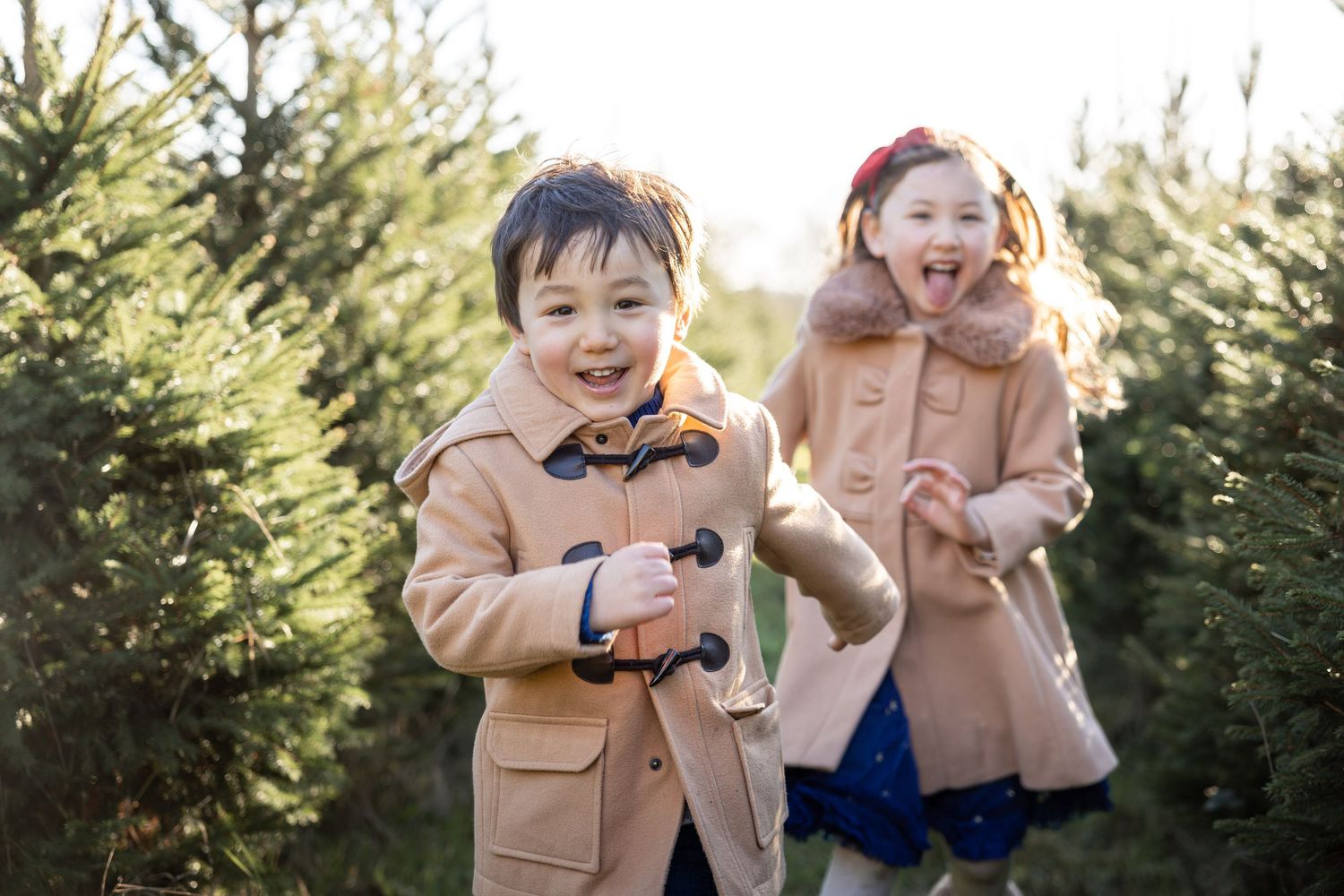 children running in a Christmas tree farm