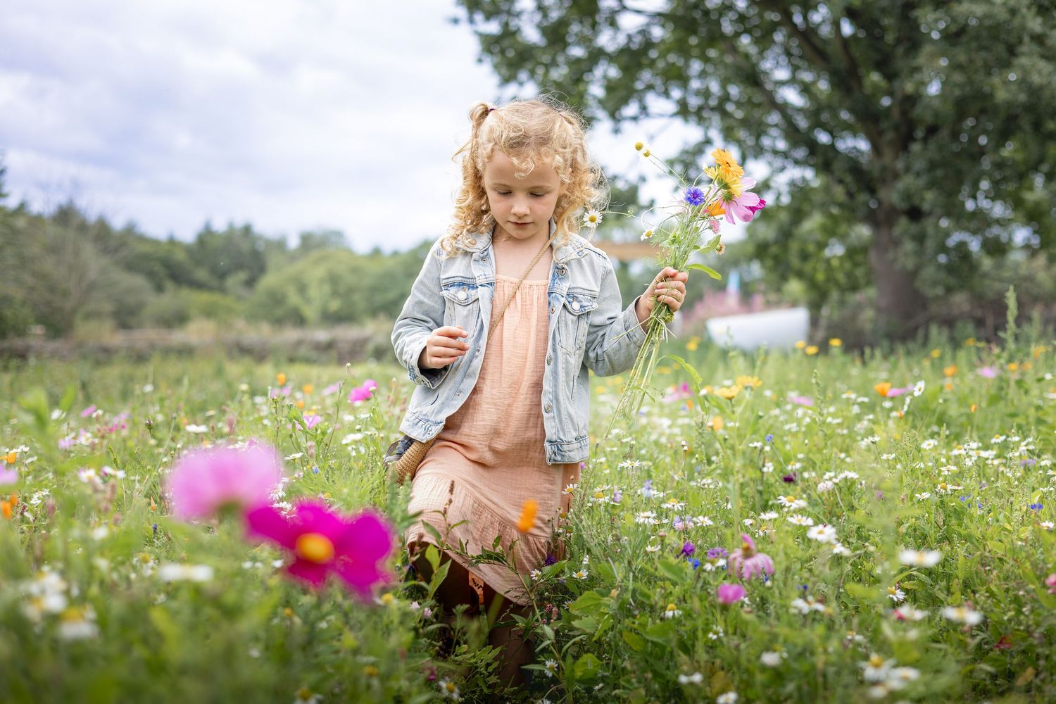 girl walking in a wildflower meadow