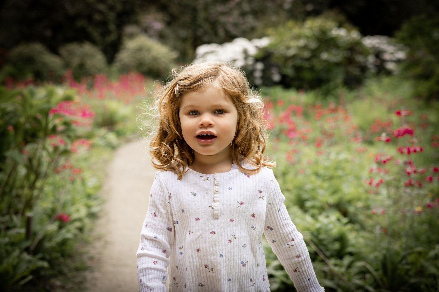 a little girl standing on a path in a garden