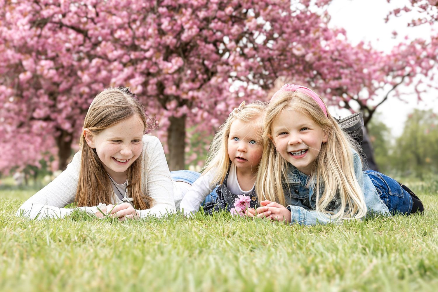 children lying on the grass with blossom tress behind them