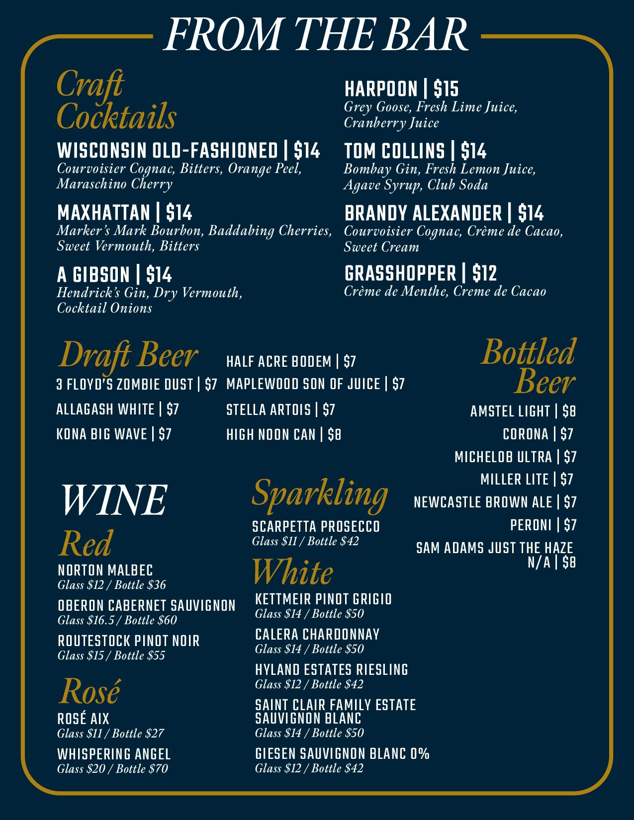 A restaurant menu board displays drink selections including wine, craft beer, and cocktails in elegant gold and white text.