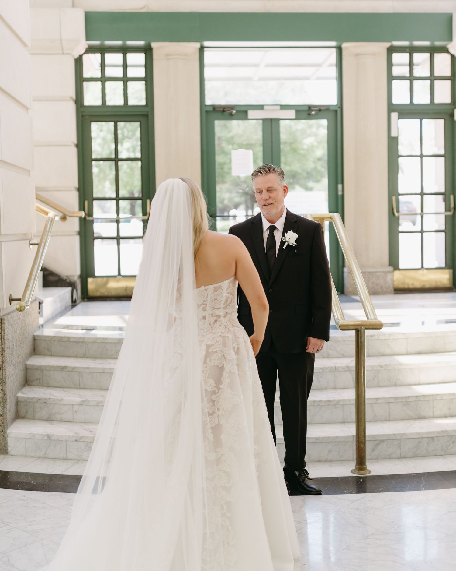 A series of wedding photos showing a couple in formal attire standing in an elegant white room with green-trimmed windows.