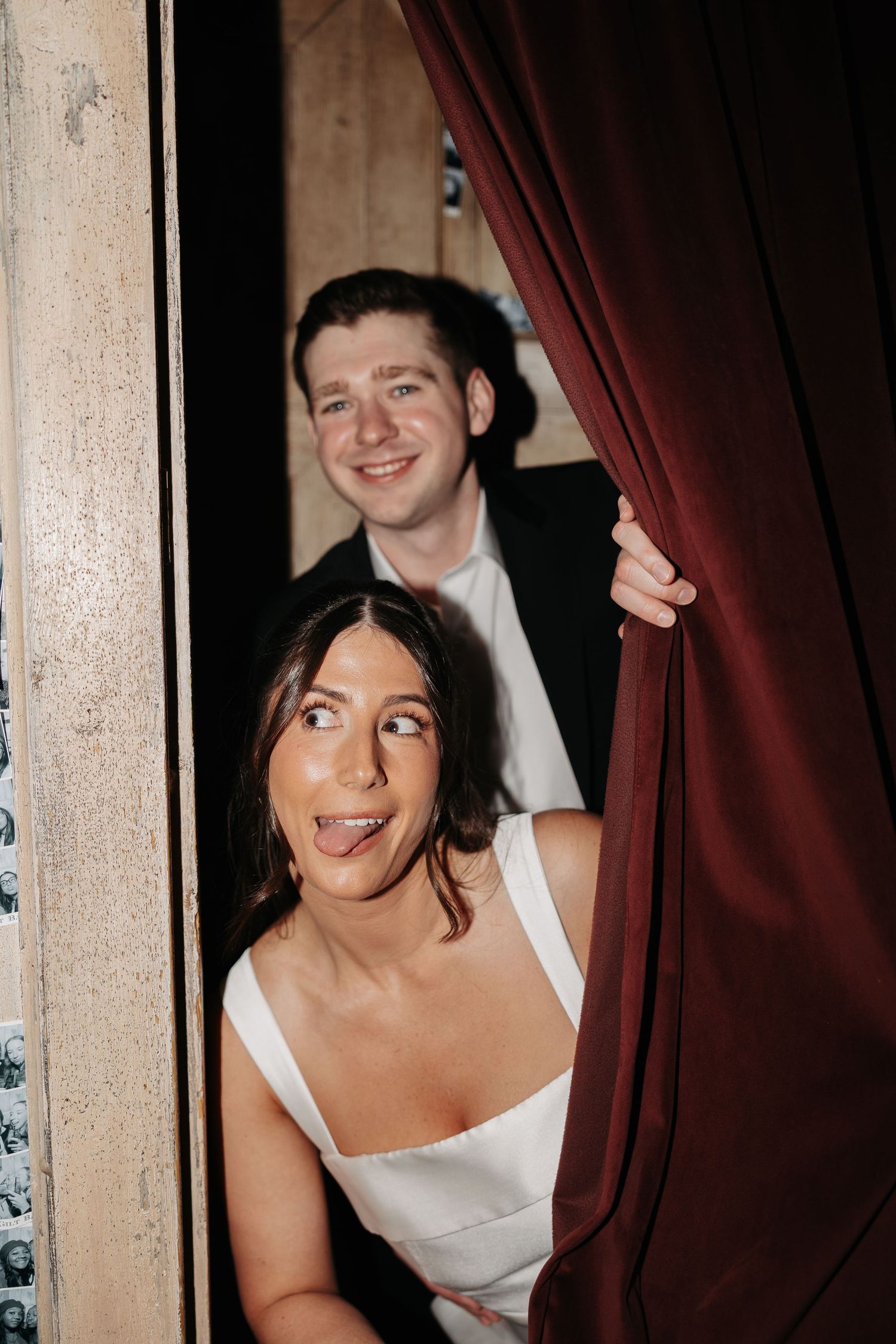 A sequence of three candid photos showing someone in a white top peeking around a burgundy curtain.