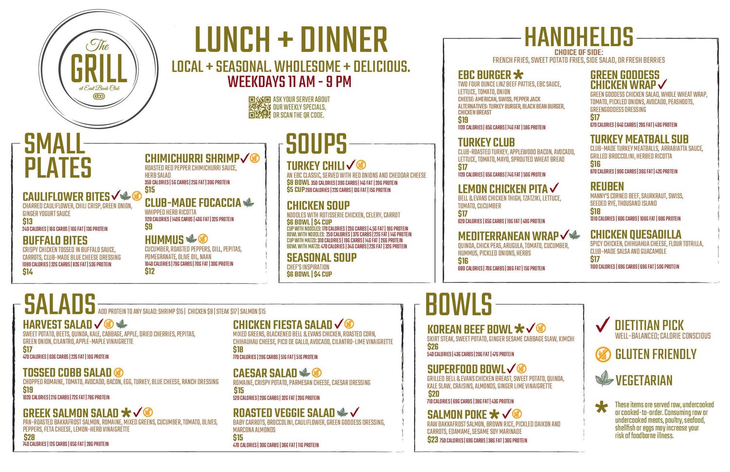 A detailed restaurant menu layout showing sections for lunch and dinner, handheld items, salads, bowls and various meal options.
