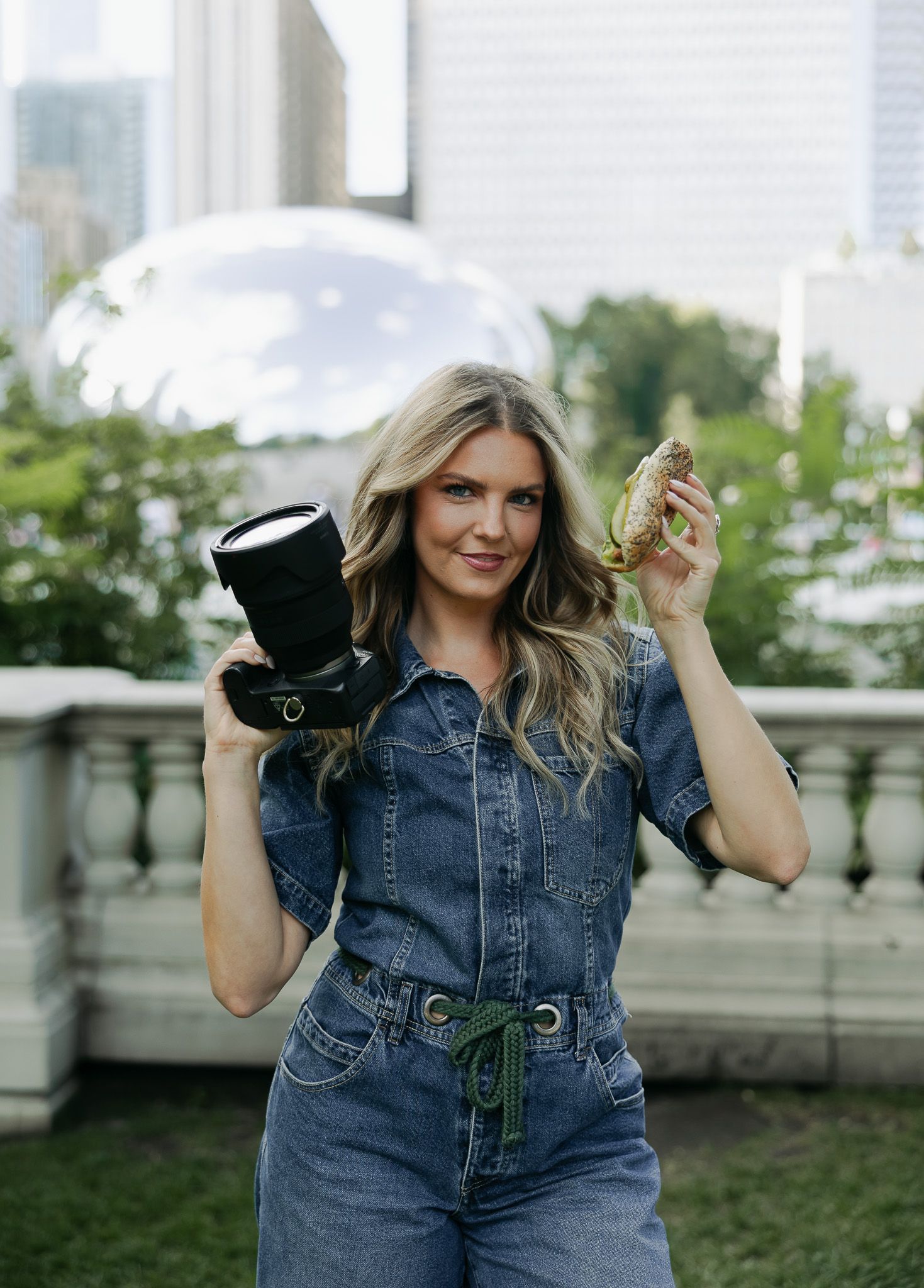 Casual denim outfit photoshoot in an outdoor urban setting with natural lighting.