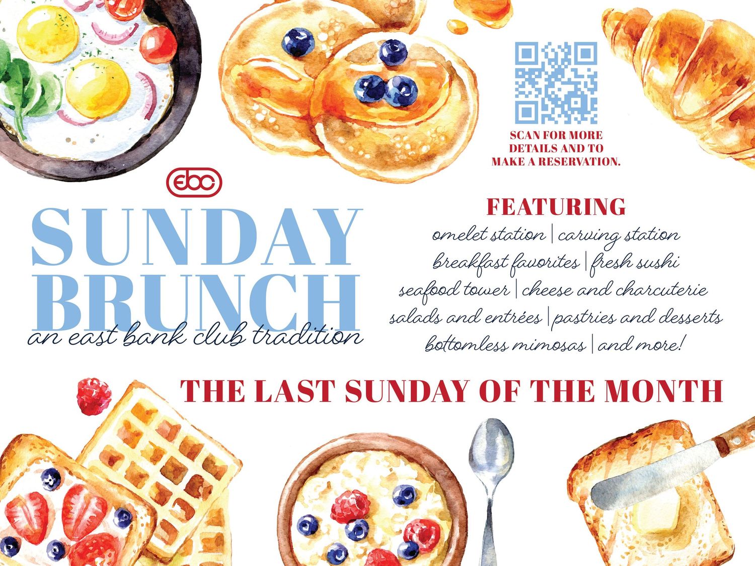 Colorful watercolor illustration of brunch foods including waffles, pancakes, eggs, and pastries arranged in a repeating pattern.