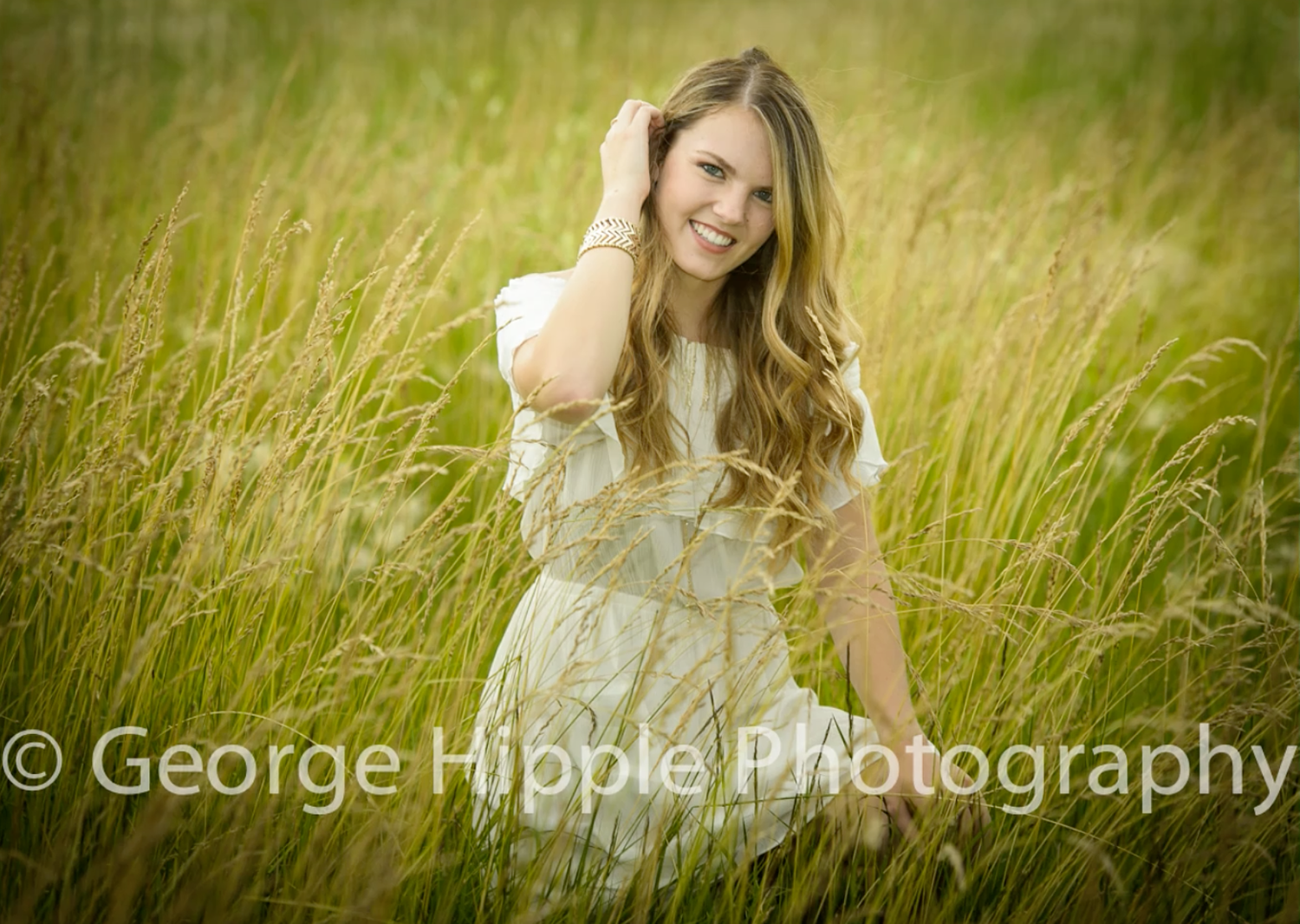Artistic portrait series in tall golden grass with natural sunlit backdrop.